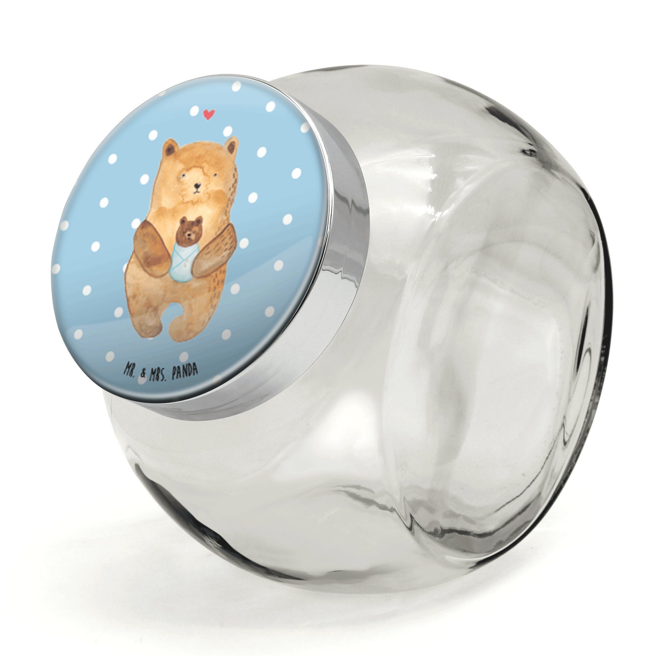Mr. & Mrs. Panda Vorratsglas L 870ml Bär Baby - Blau Pastell - Geschenk, Enkelin, Vorratsbehälter, Premium Glas, (1-tlg), Designvielfalt
