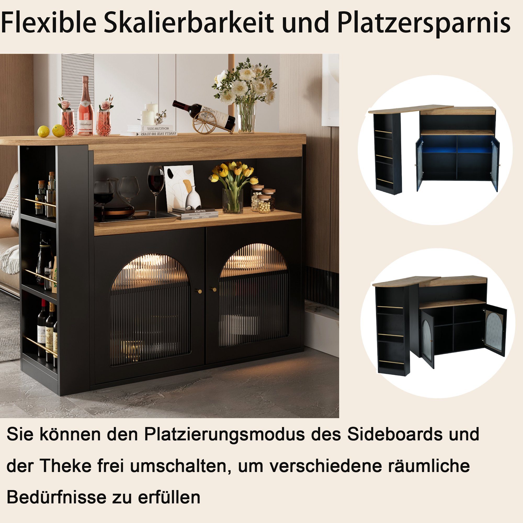 (Bunte Ausziehbarer 1-St), Stehtisch und Wohnzimmer Scharz für Esstisch OKWISH Freie 360-Grad-Drehung, mit LED-Lichtleisten Stauraum, Bartisch Esszimmer