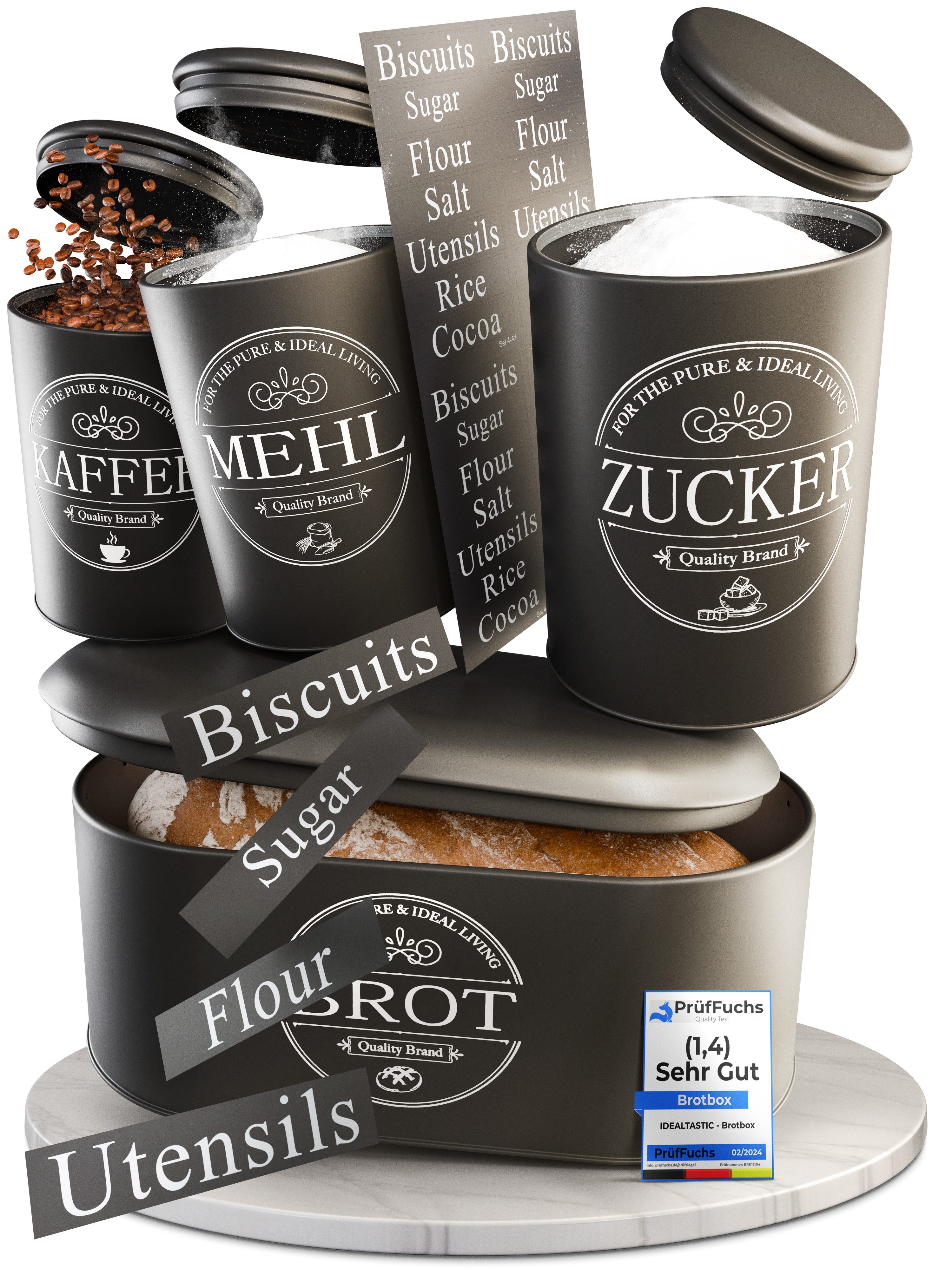 Vorratsdose IDEALTASTIC® Premium Brotkasten Set (4er), Zuckerdose, Brotbox schwarz