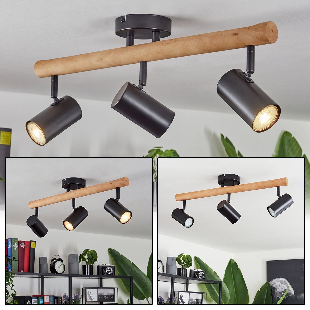 hofstein Deckenleuchte »Fasano« moderne Deckenlampe aus Metall/Holz in Schwarz/Natur, ohne Leuchtmittel, Leuchte mit verstellbaren Schirmen, 3xGU10