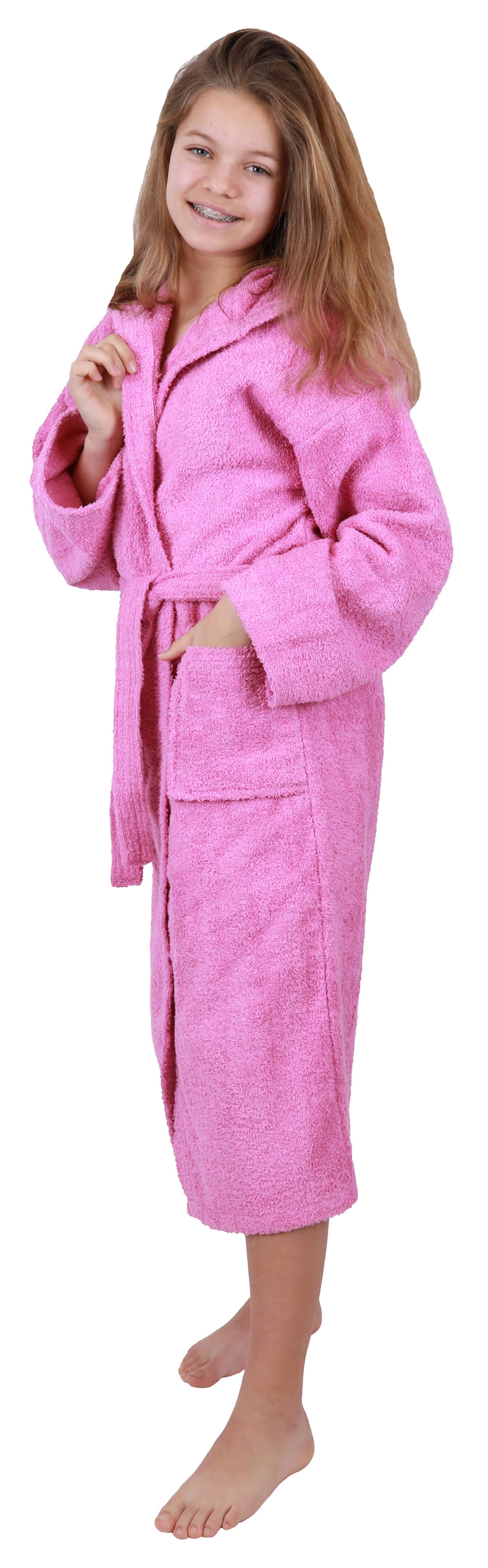 140-176, Bindegürtel Kinderbademantel wadenlang, rosa mit Kapuze, 100% Betz Kapuze DUBLIN Morgenmantel 152 Baumwolle,
