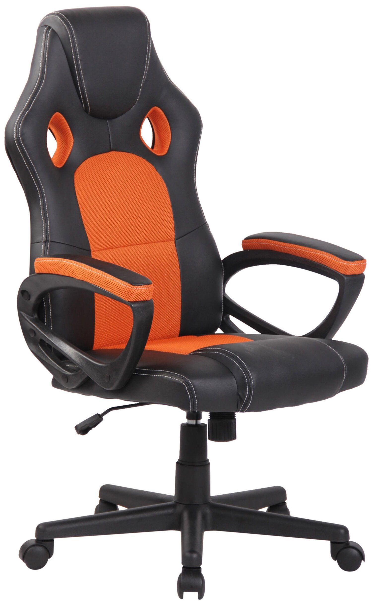TPFLiving Gaming-Stuhl First mit bequemer Rückenlehne - höhenverstellbar und 360° drehbar (Schreibtischstuhl, Drehstuhl, Gamingstuhl, Racingstuhl, Chefsessel), Gestell: Kunststoff schwarz - Sitzfläche: Kunstleder orange