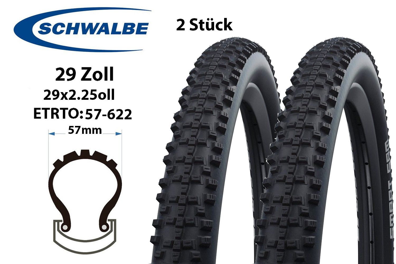 Schwalbe Fahrradreifen 2 Stück 29 Zoll Schwalbe SMART SAM Fahrrad Reifen 57-622 29x2.25, (2-tlg)
