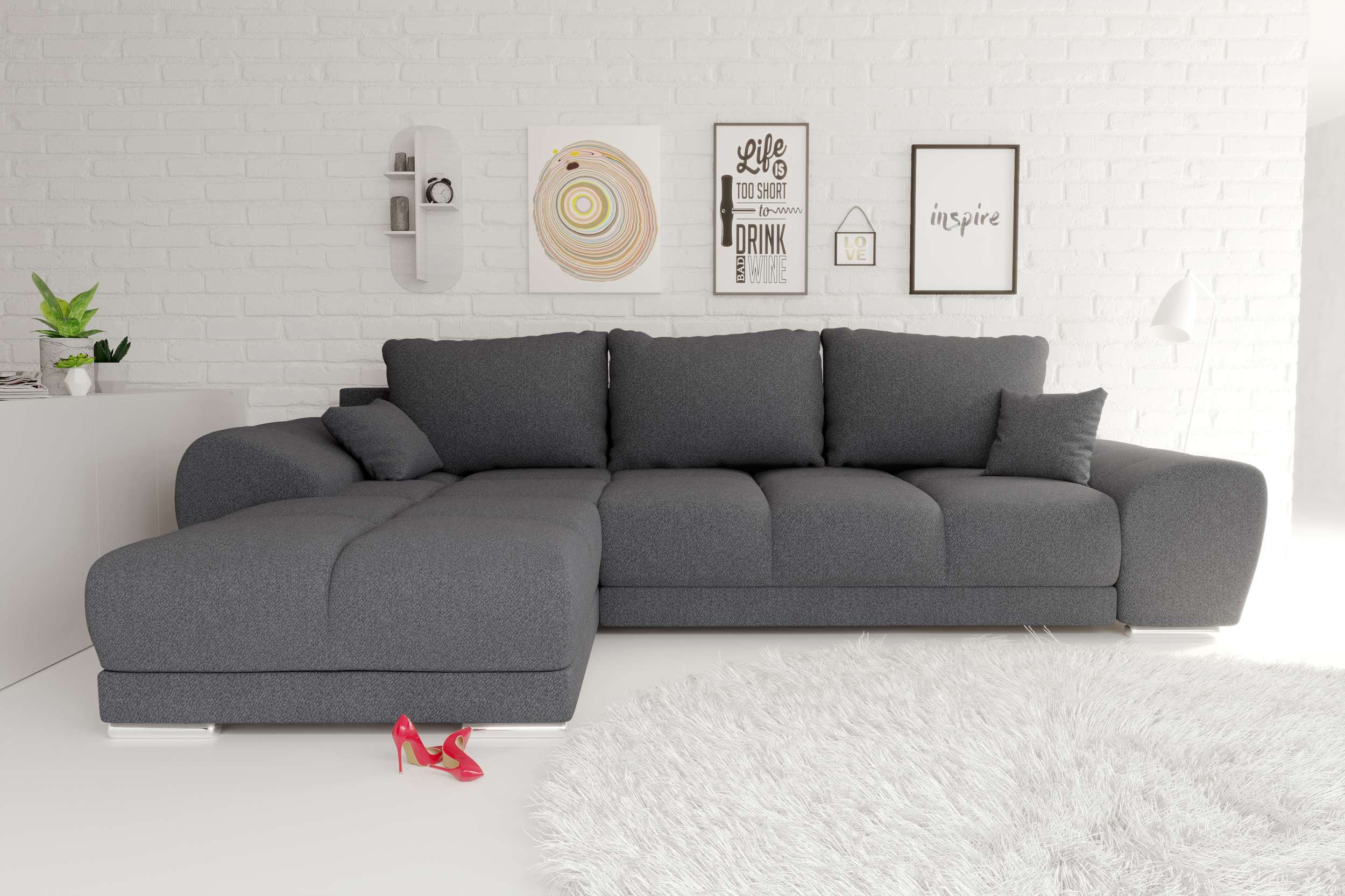 99rooms Ecksofa Antalya, Sofa L-Form, Eckcouch, mit Rückenkissen, Schlaffunktion, Strukturstoff NEVE