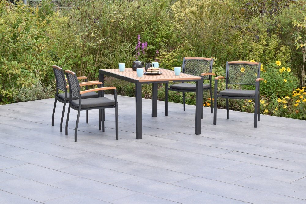 MERXX Garten-Essgruppe Tilos, (9tlg. Set, 9tlg. Set), 4 Stapelsessel, 4 Sitzkissen, rechteckiger Tisch 150 x 90 cm