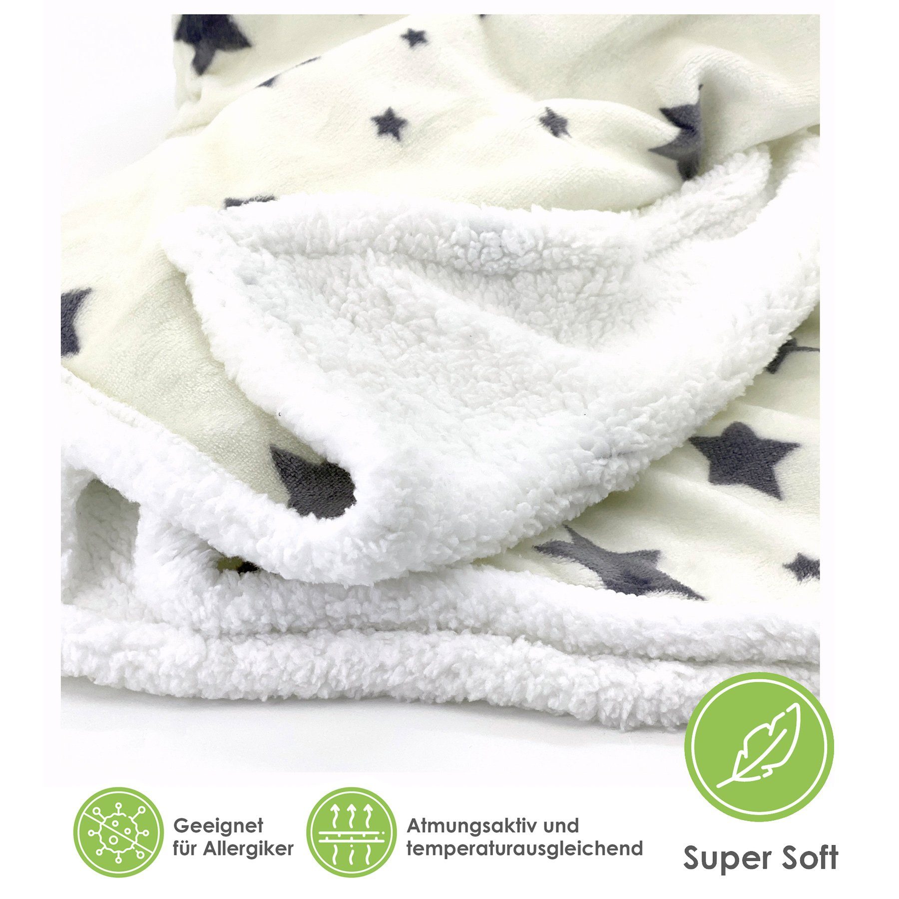 Wohndecke Soft Flanell Sterne Kuscheldecke mit Sherpa Fell, heimtexland, Sofadecke 150x200 I extra dick I warm I kuschelig weich