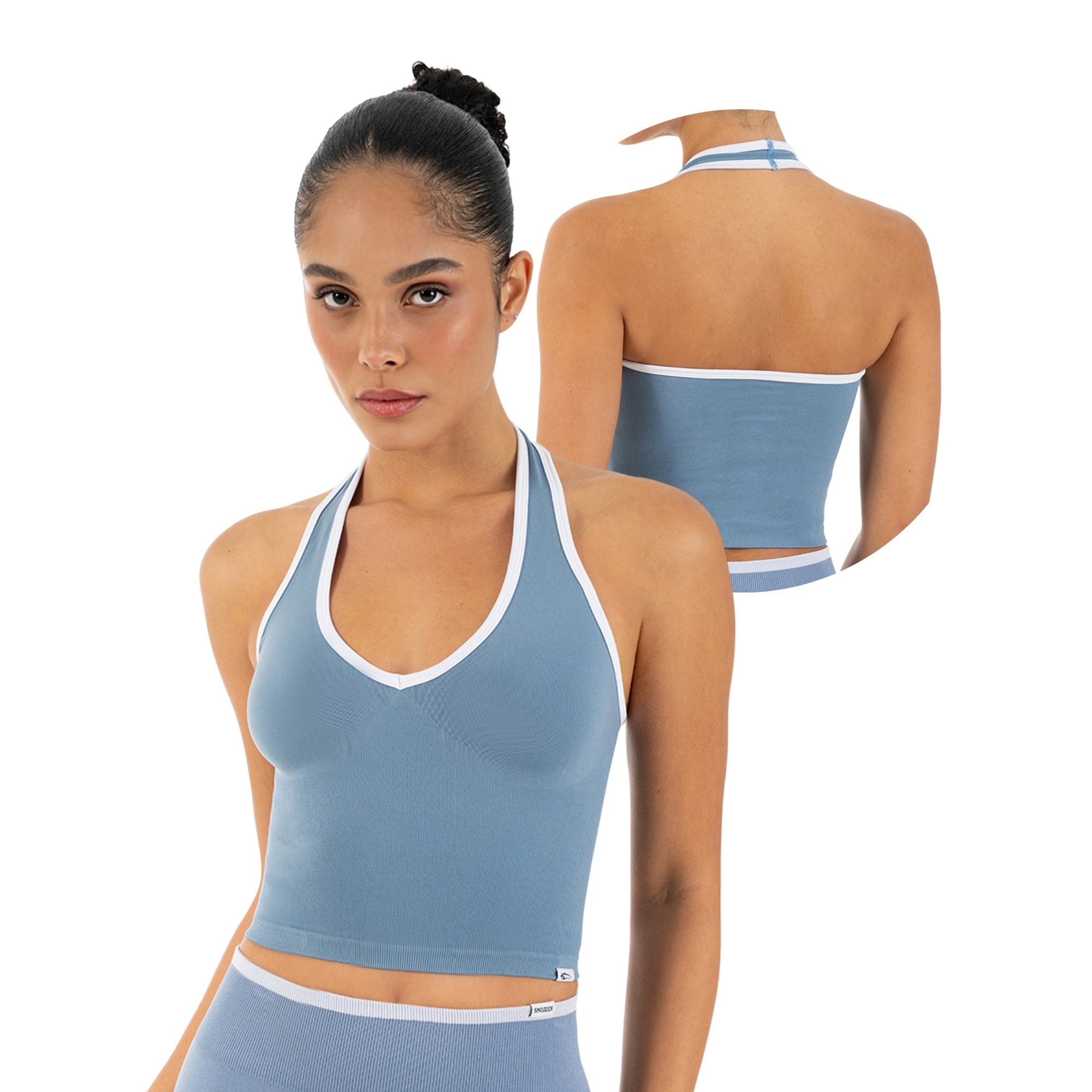 Smilodox Sport-BH Theda, Sport Top Damen Shaped Fit, Seamless, Gym & Freizeit Halterneck, V-Ausschnitt, Seamless, Stretch, Kontrastdetails