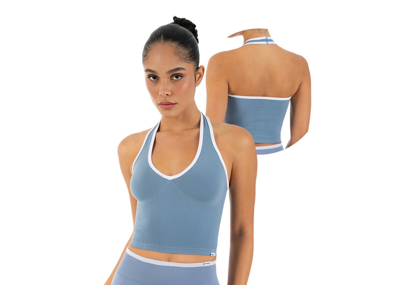 Smilodox Sport-BH Theda, Sport Top Damen Shaped Fit, Seamless, Gym & Freizeit Halterneck, V-Ausschnitt, Seamless, Stretch, Kontrastdetails