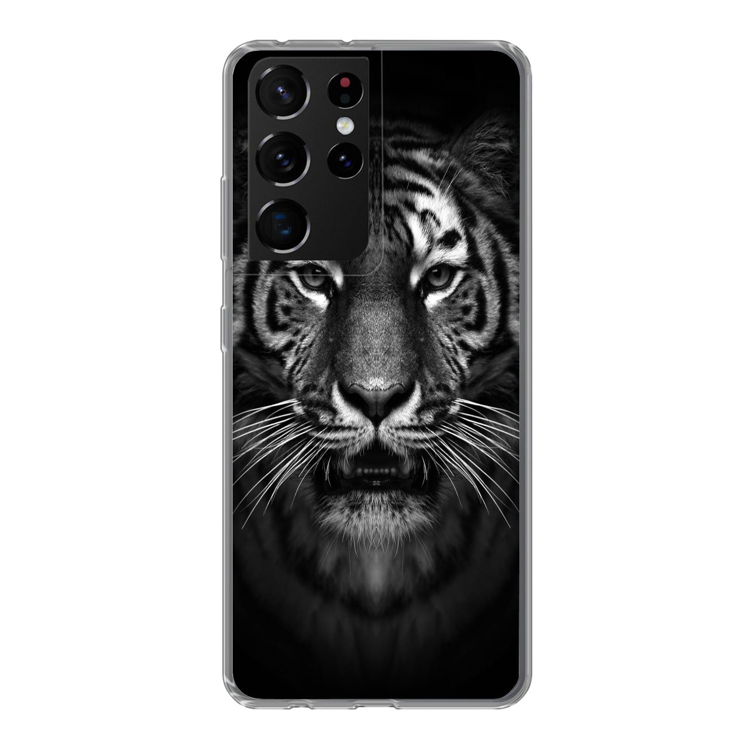 MuchoWow Handyhülle für Samsung Galaxy S21 Ultra Tiger - Tiere - Schwarz - Weiß - Porträt, Phone Case, Silikon, Schutzhülle Dünn