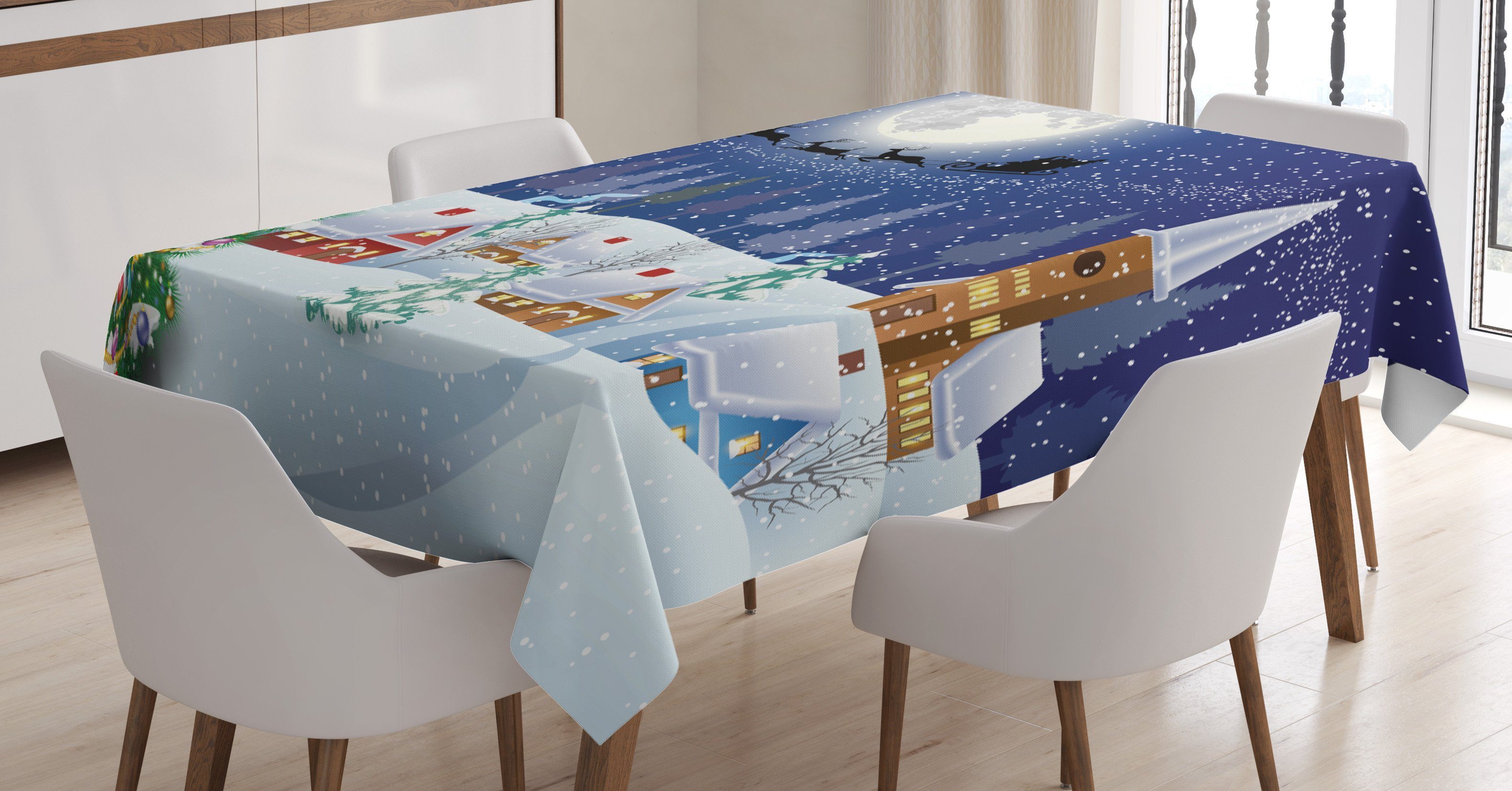 Schlitten geeignet Außen Tischdecke auf Fliegen Abakuhaus Waschbar Bereich Claus den Für Klare Farben, Farbfest Santa Winter