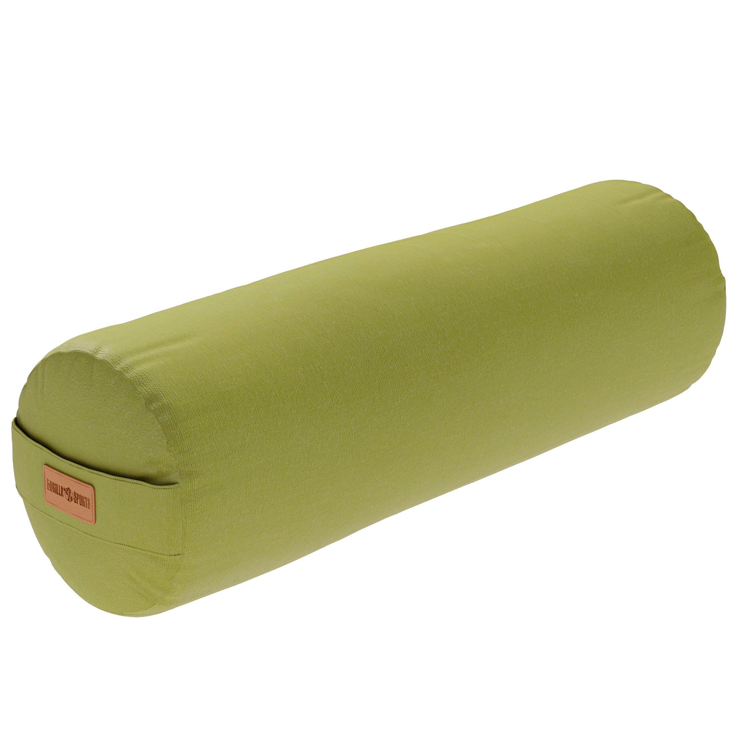GORILLA SPORTS Yoga Bolster Yogakissen Ø20cm, aus 100% Baumwolle, mit Dinkelfüllung, Yogarolle, Waschbarer, mit Tragegriff, Yogakissen, für Restorative Yoga, Pilates