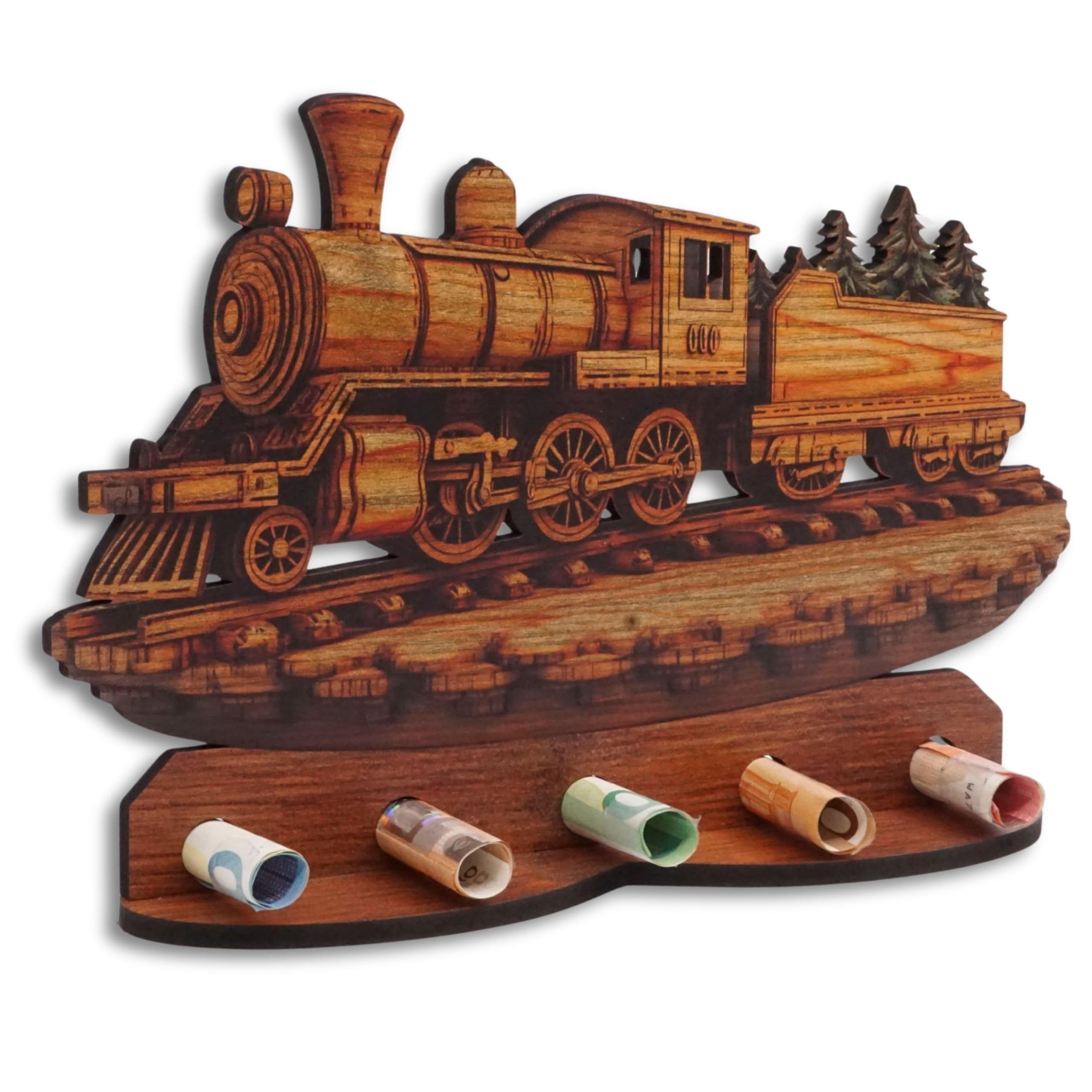DARO Design Dekoobjekt Geldgeschenk Motiv Holzoptik mit Ständer Geschenkverpackung (Dekoration, Lokomotive – Geldscheinhalter), 28 cm breit, 6 mm HDF
