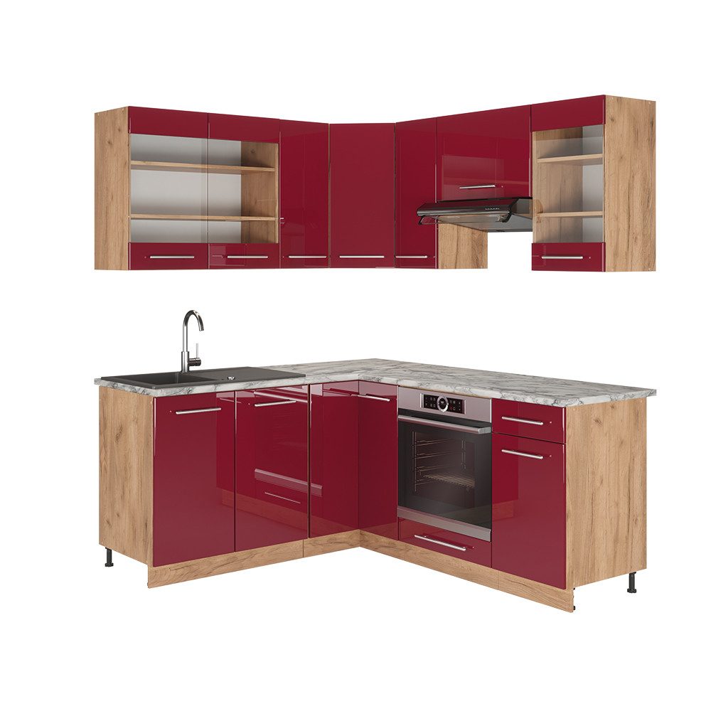 Vicco Winkelküche Fame-Line, Bordeaux Hochglanz/Goldkraft Eiche/Goldkraft günstig online kaufen