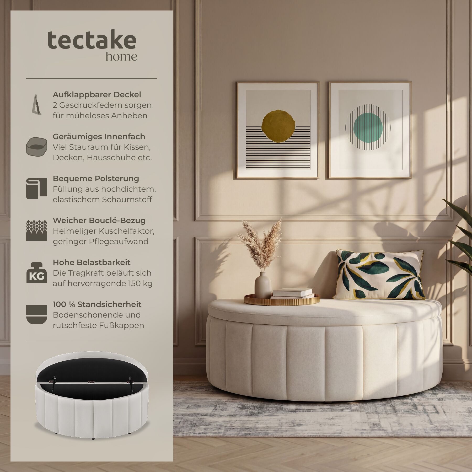 tectake Bank Polsterbank mit Stauraum Belastbarkeit 150 kg, 108 x 48 x 38,5 cm (Polsterbank Moon, in Samtoptik Taupe), Polsterdeckel mit Gasdruckfedersystem, mit Samt oder Bouclé