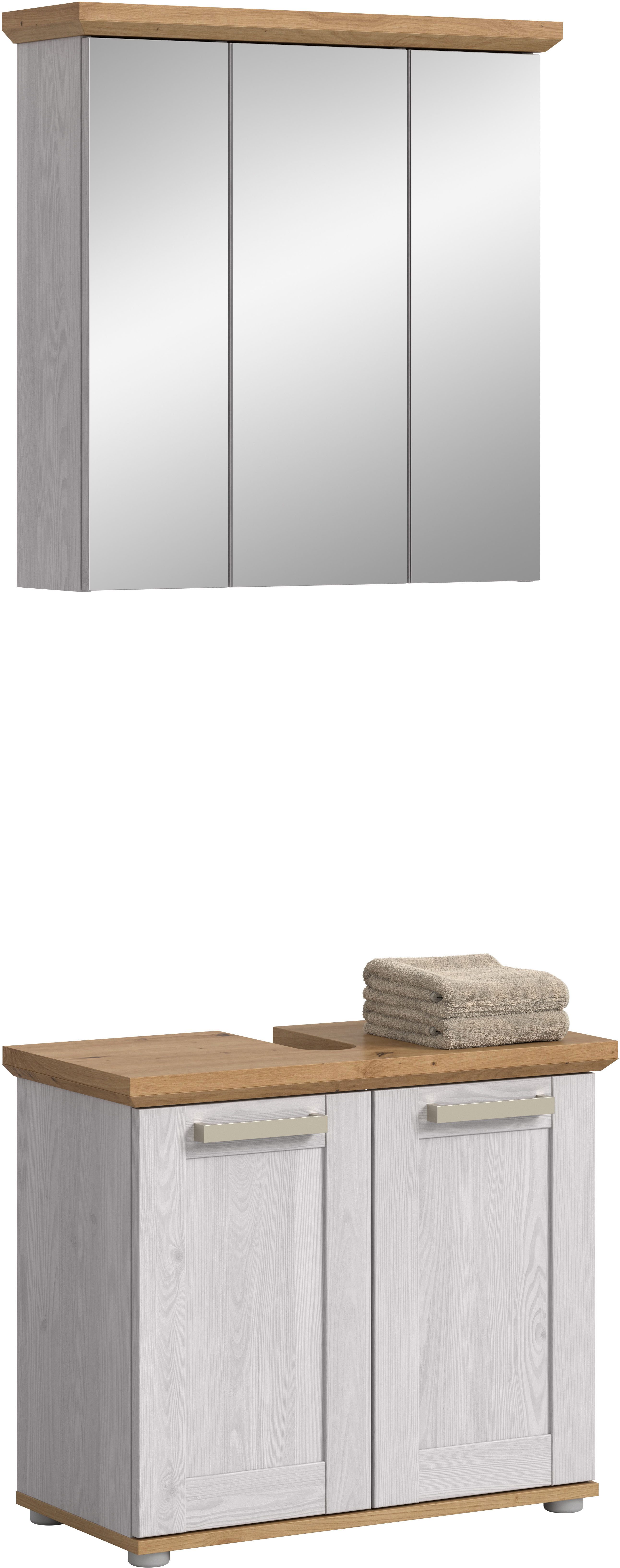 welltime Badmöbel-Set COSENZA, 2-teilig, in Landhausoptik, mit farblich abgesetztem Kranz, (2-St., bestehend aus: Spiegelschrank und Waschbeckenunterschrank), Bad-Kombination, Badezimmer, Kombi, Bad, Bad-Möbel