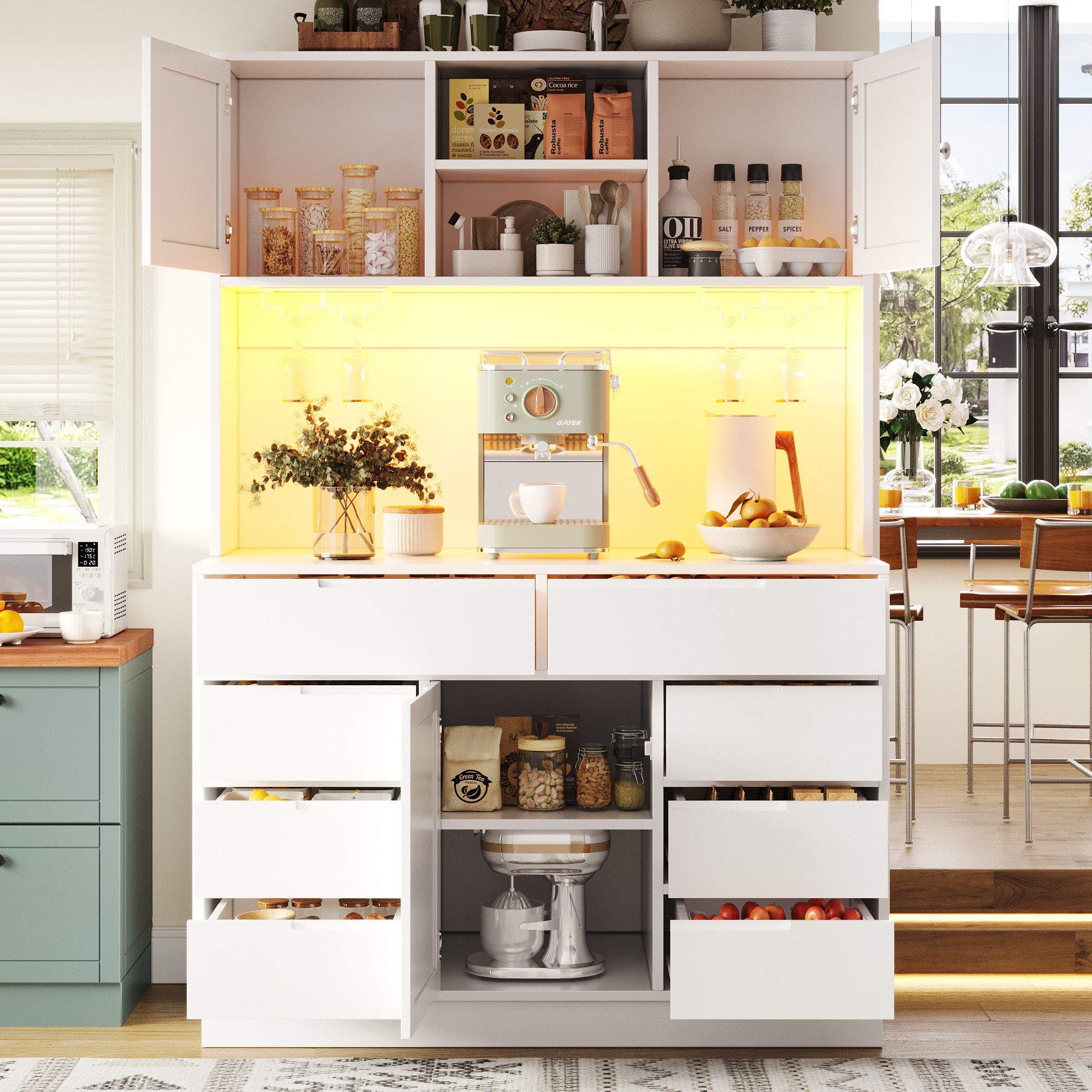 Flieks Küchenbuffet mit LED-Beleuchtung, Gläserhalter, 8 Schubladen und 3 Türen (1-St., B120/T40/H183,5 cm) Hochschrank Küchenschrank Geschirrschrank mit verstellbaren Ablagen
