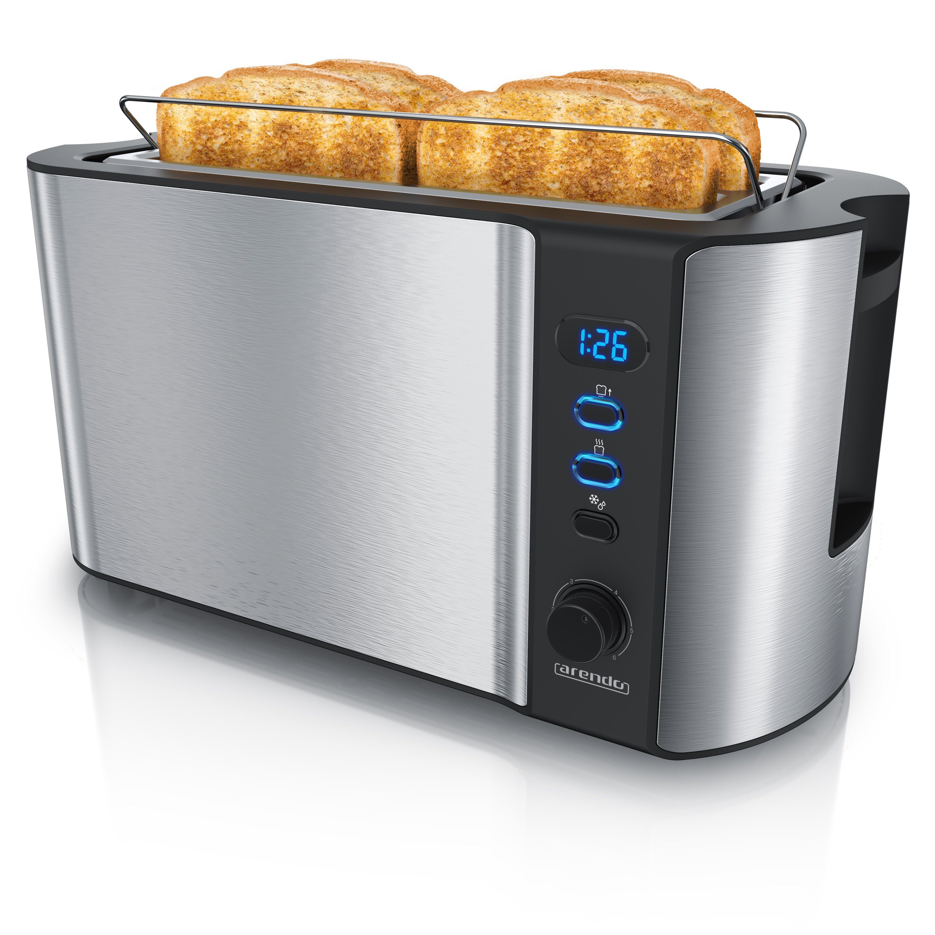 Arendo Toaster, 2 lange Schlitze, für 4 Scheiben, 1500 W, Langschlitz, Brötchenaufsatz, Wärmeisolierendes Gehäuse, Display silber/schwarz