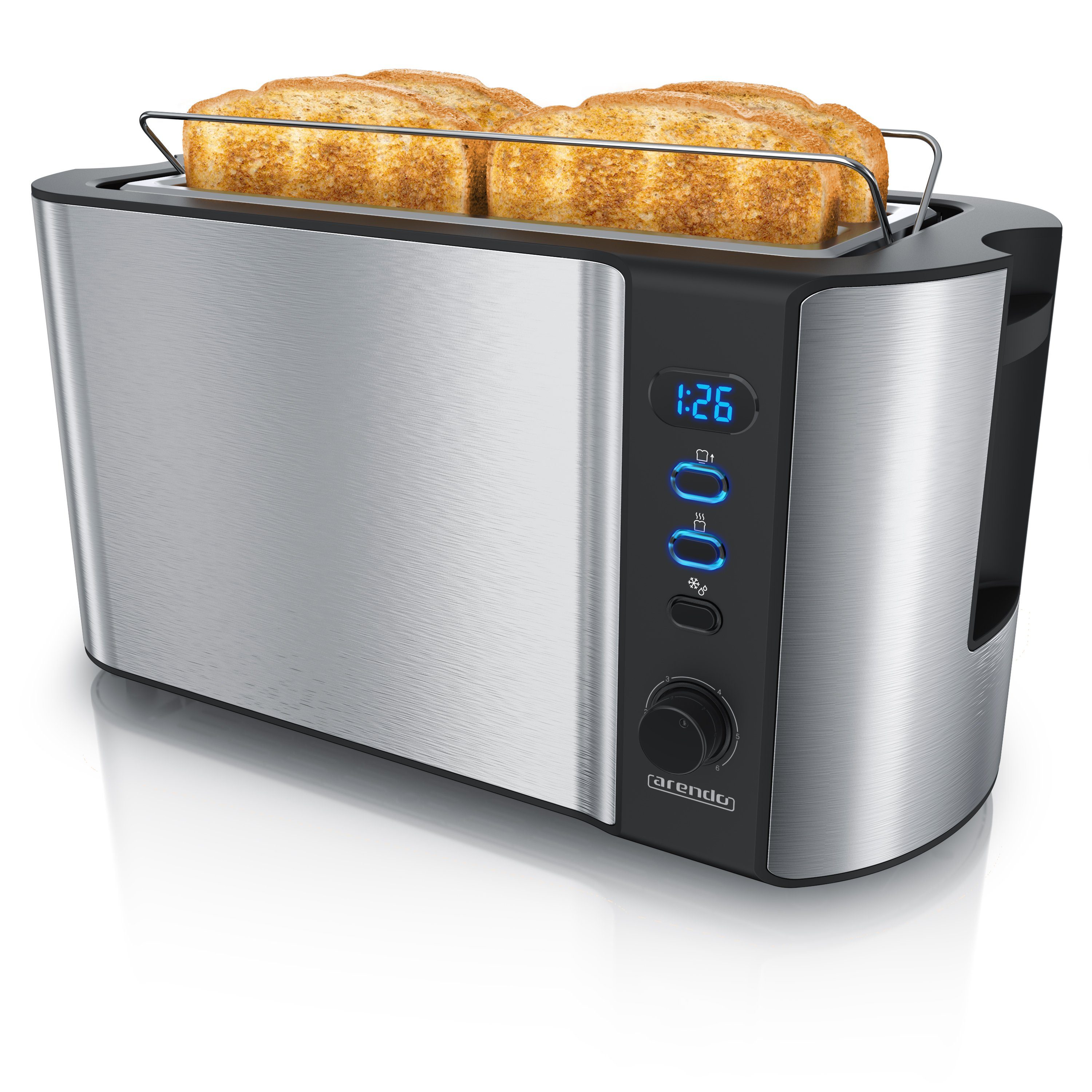 Arendo Toaster Edelstahl, Langschlitz, Display mit Restzeitanzeige, Krümelschublade, 2 lange Schlitze, für 4 Scheiben, 1500 W, Defrost Funktion, Wärmeisolierendes Gehäuse, mit Brötchenaufsatz