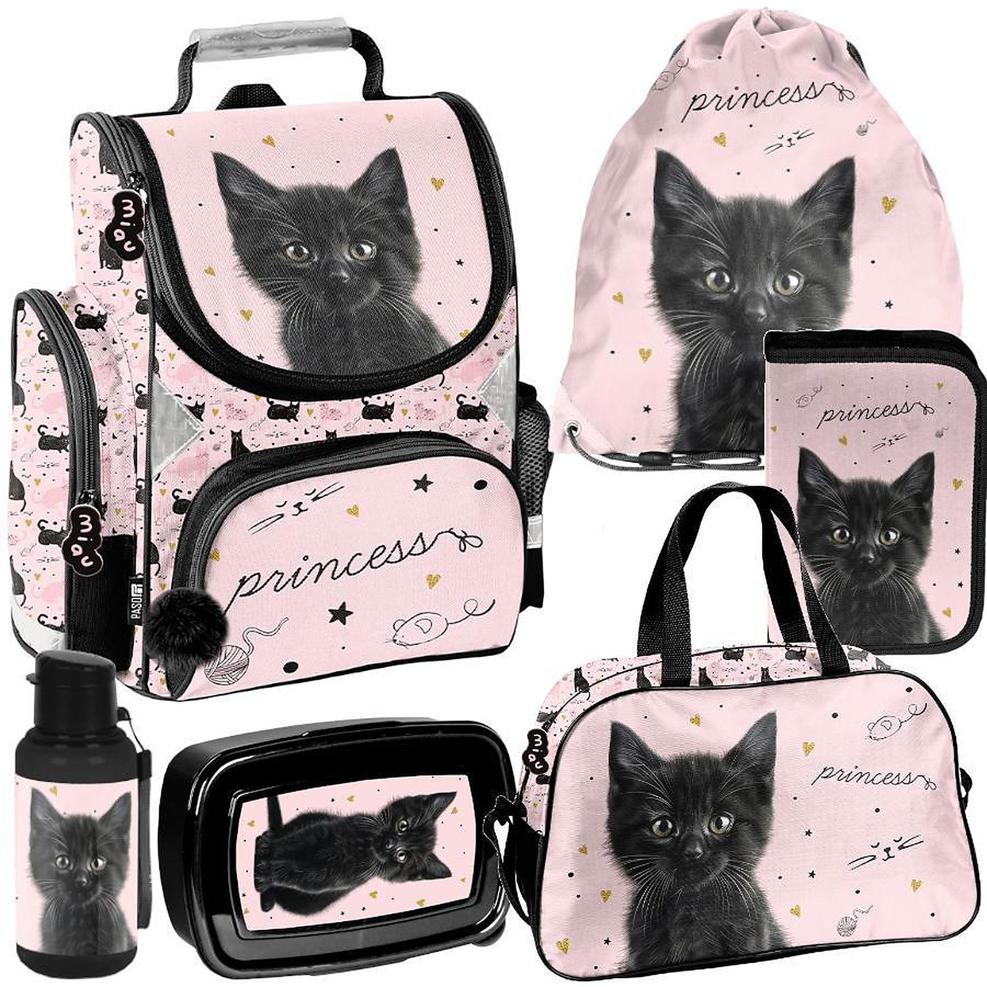 PASO Schulrucksack Mega-Set Kätzchen Princess Schulset 6-tlg. (Rucksack + Turnbeutel + Federmäppchen + Lunchbox + Trinkflasche + Sporttasche, 6-tlg)