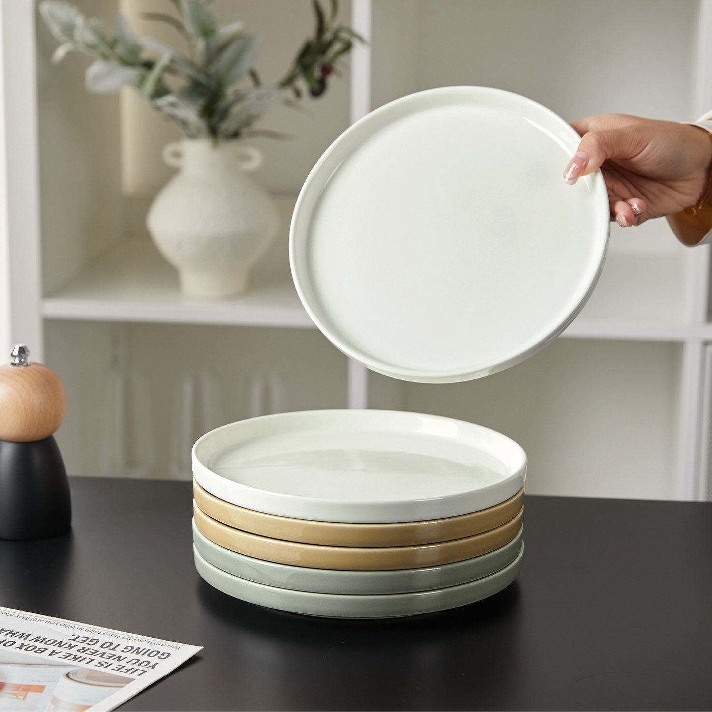 JIWOO Teller 4er Ø21cm,Frühstücksteller Steakteller Pastateller Brotteller Plate, (6 St), Keramik Hochwertiges Tellerset Bunt Mikrowellen spülmaschinenfest