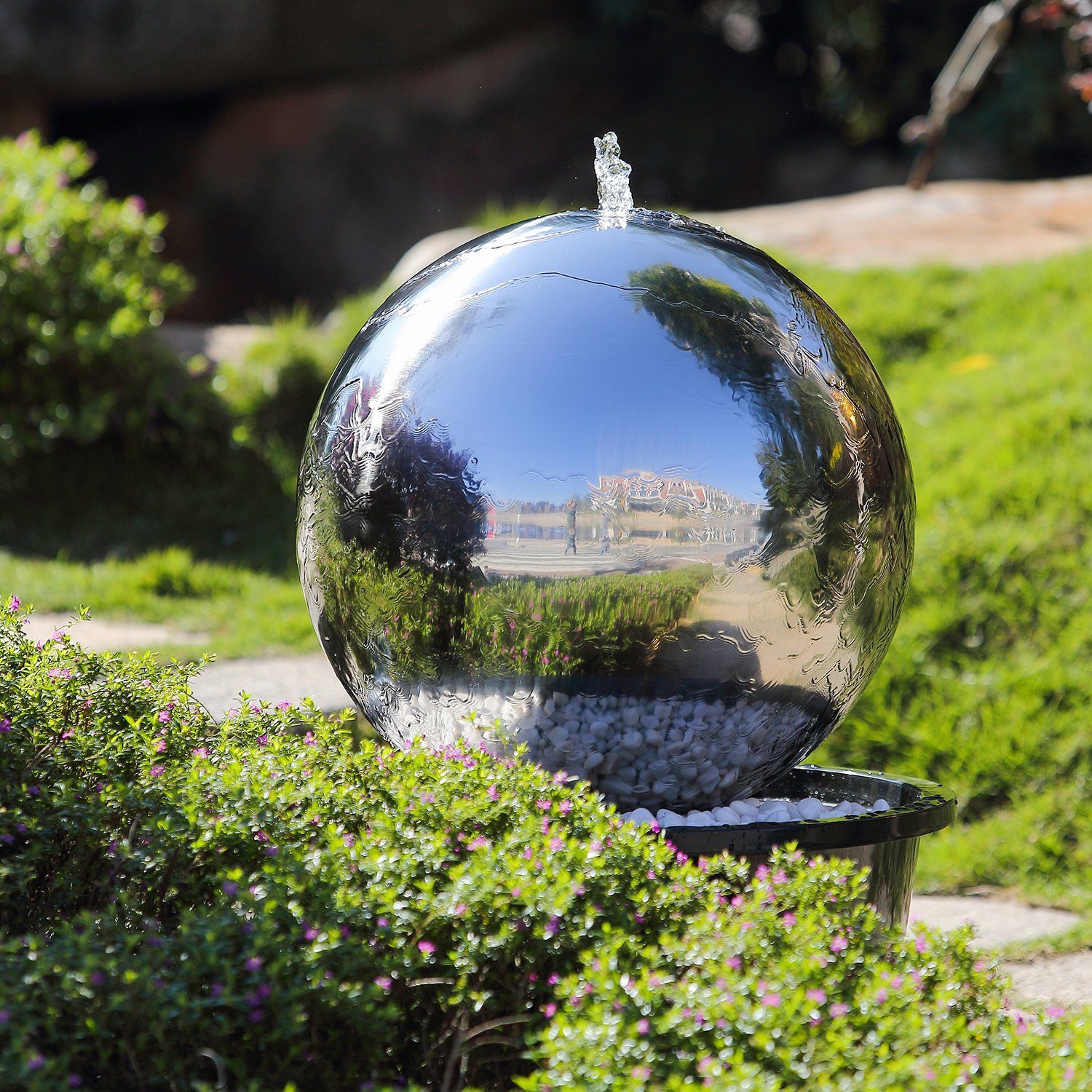 Köhko Gartenbrunnen Kugelbrunnen (25 - 100 cm) aus Edelstahl mit LED-Beleuchtung