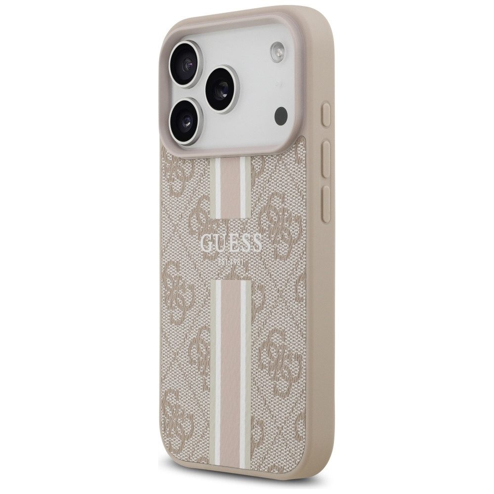 Guess Handyhülle Case iPhone 17 Pro MagSafe Kunstleder rosa Logo Streifen 6,3 Zoll, Kantenschutz