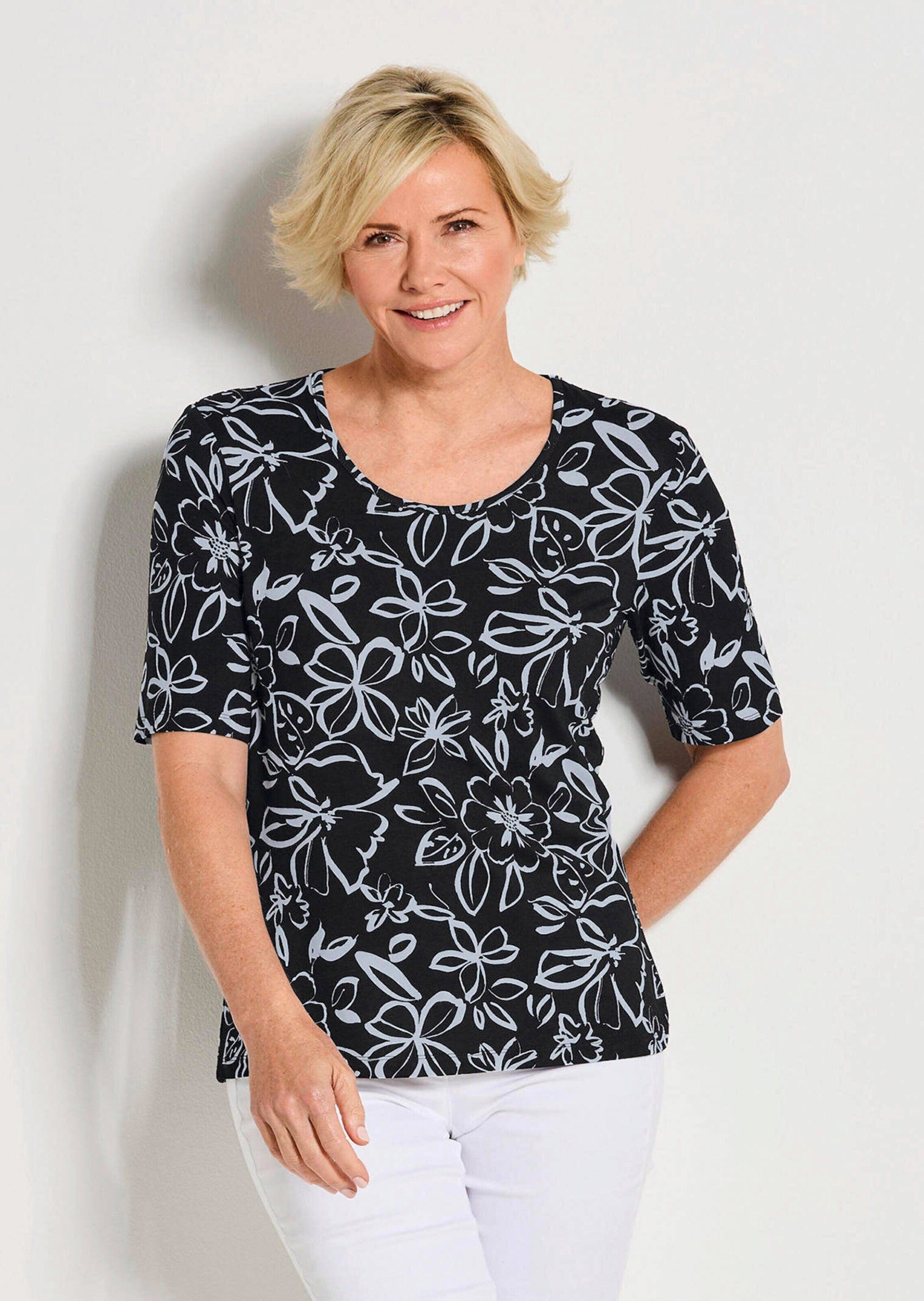 GOLDNER Print-Shirt Kurzgröße: Cityshirt mit floralem Design Druckshirt mit Rundhalsausschnitt und Halbarm