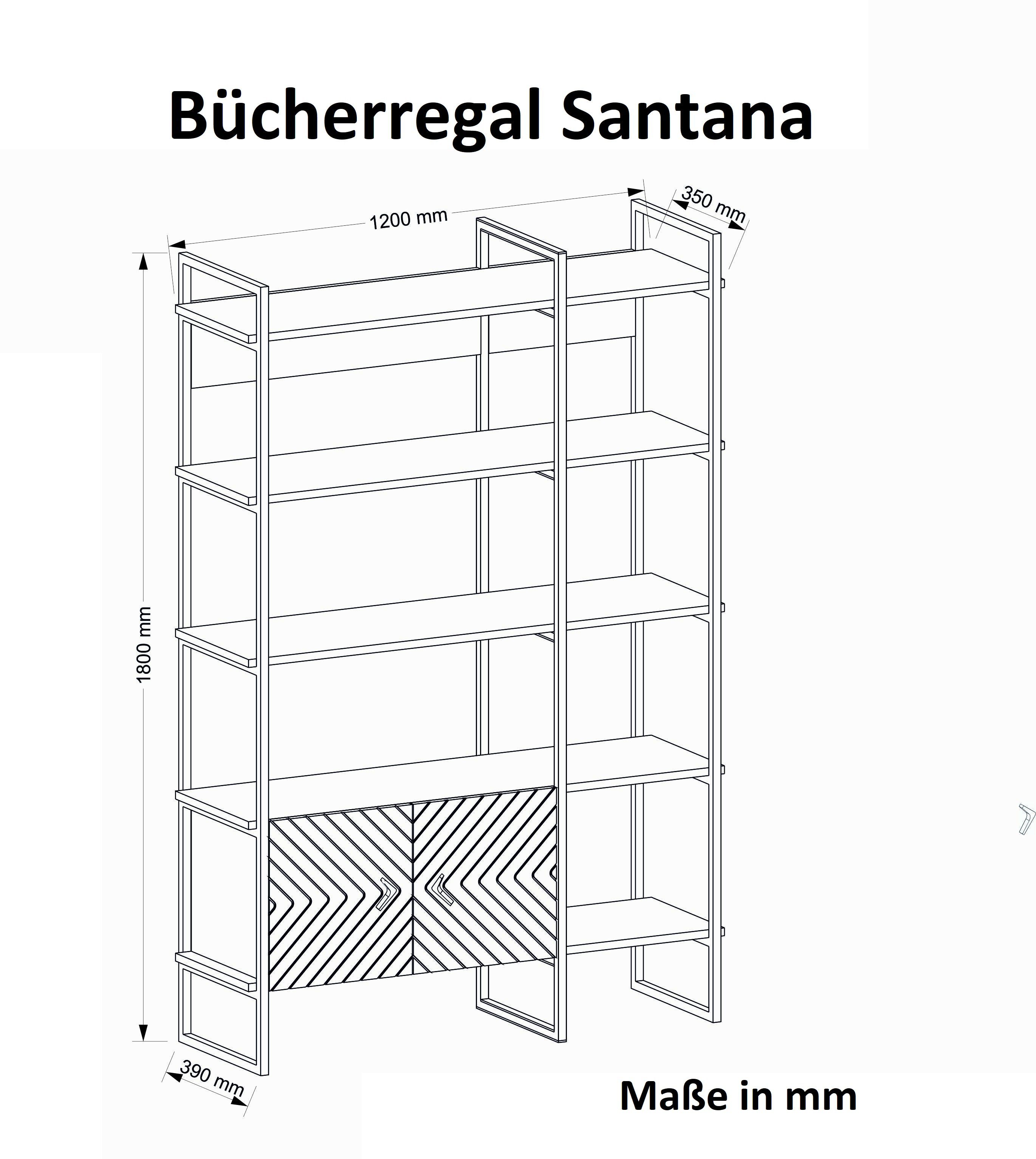 moebel17 Standregal Santana Wall, mit Bücherregal 7 Türen mit Ablageflächen und Metallfüße Rahmen 2 und