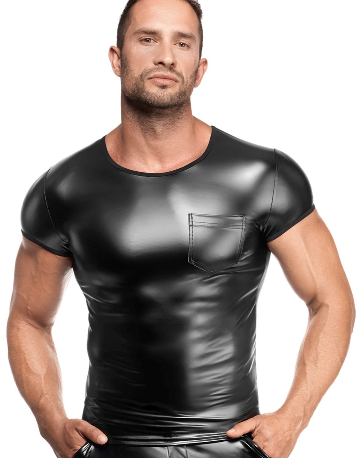 T-Shirt Glänzendes Herren T-Shirt schwarz aus Wetlook Material mit Brusttasche