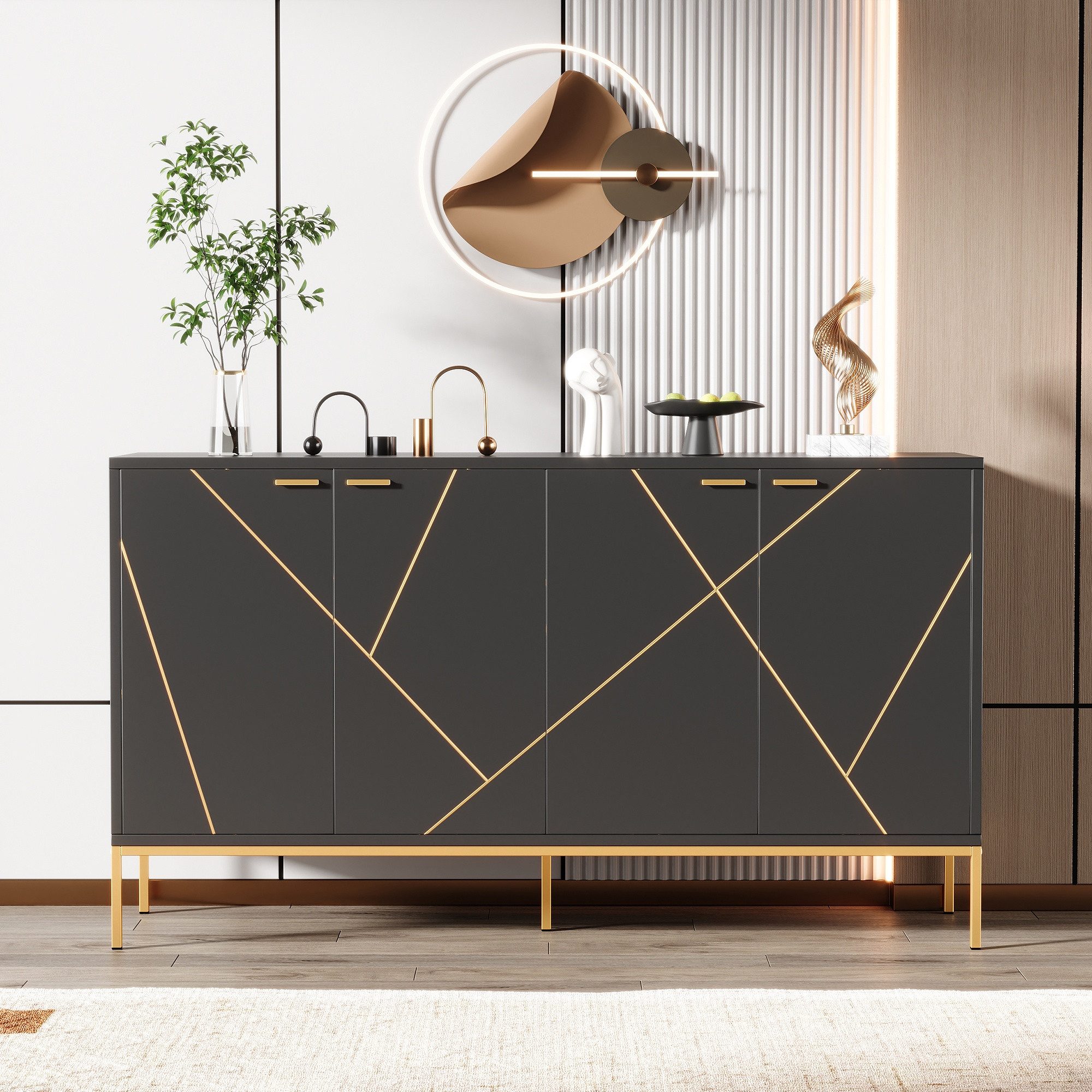 IDEASY Sideboard Schwarz-Gold Sideboard mit 4 Türen & Metallfüßen