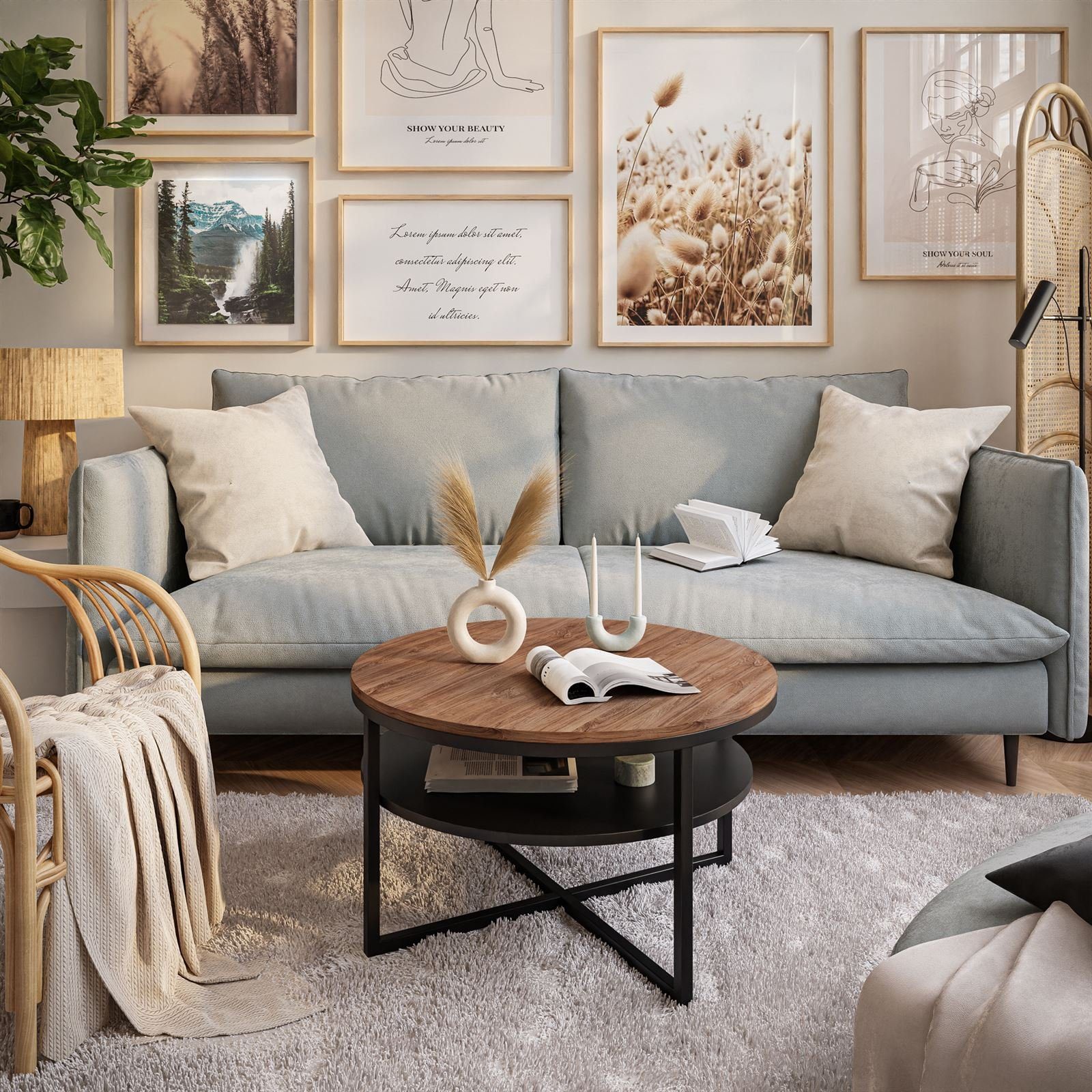 yourhouse24 Couchtisch CIRI-X runder Couchtisch mit Regal Eiche Handwerker günstig online kaufen