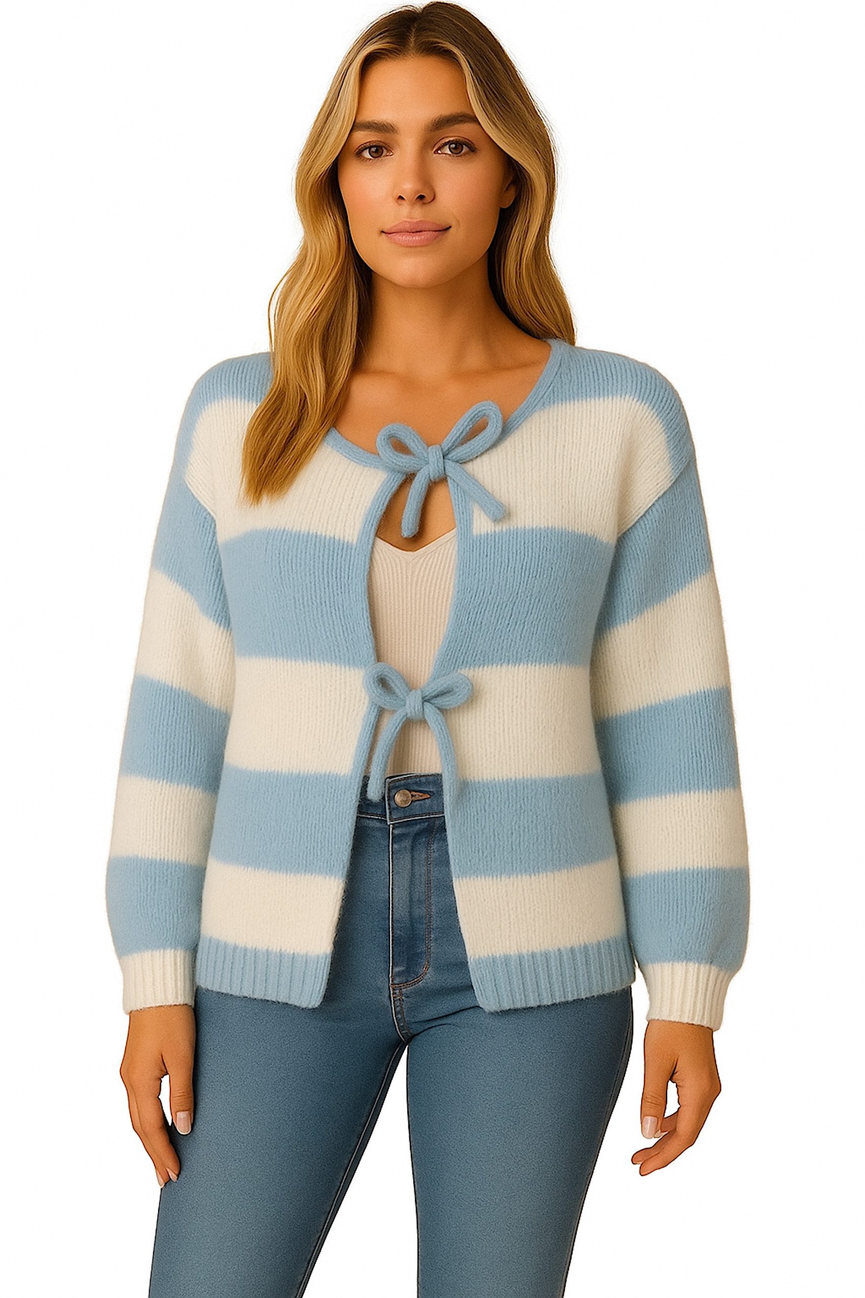 Worldclassca Cardigan WORLDCLASSCA Damen Cardigan Oversize Strickjacke mit Schleife Streifen Neue Kollektion - Stilvolle und gemütliche Strickmode für Damen