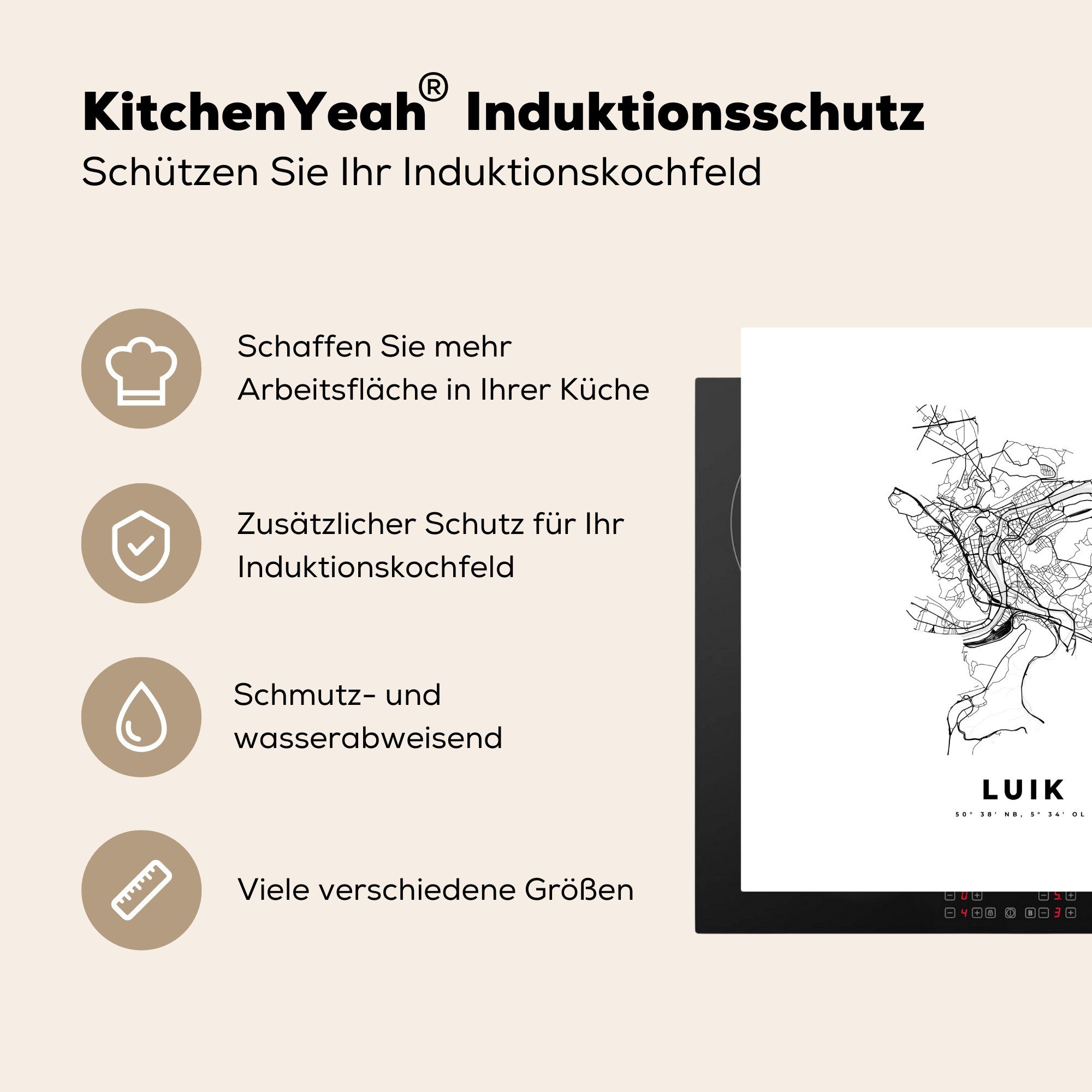 Herdblende-/Abdeckplatte Karte MuchoWow - Schwarz Vinyl, tlg), Lüttich weiß, (1 cm, Stadtplan für Belgien Arbeitsplatte küche Ceranfeldabdeckung, - - und - 78x78