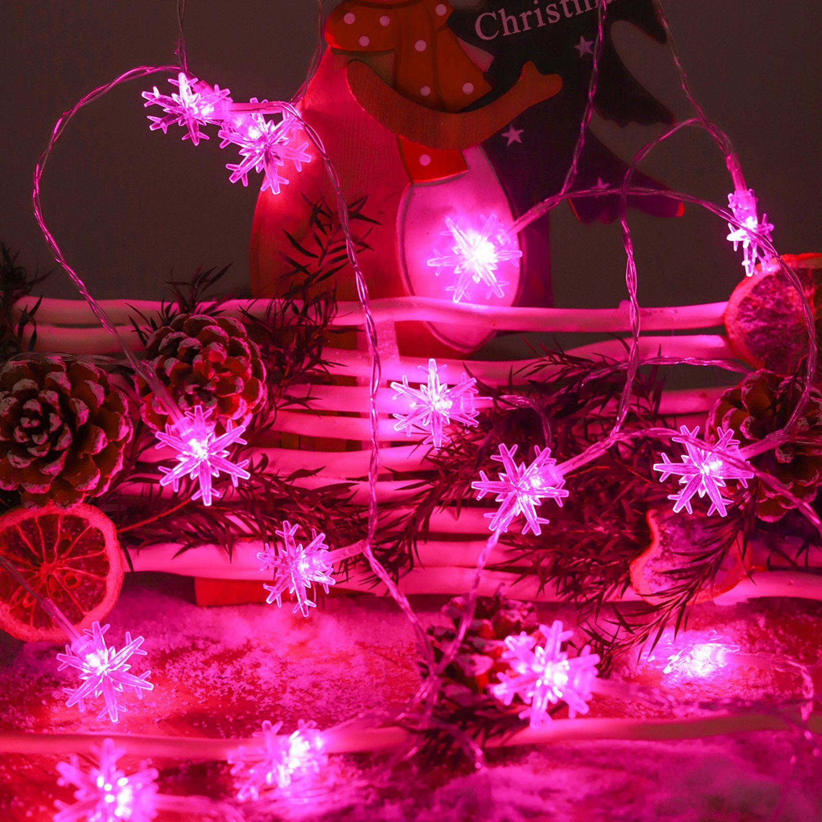 Rosnek LED-Lichterkette 3M Weihnachts Wasserdicht 10-flammig, Schneeflocke / Weihnachtsbaum, 6M Party Beleuchtung,für Rosa