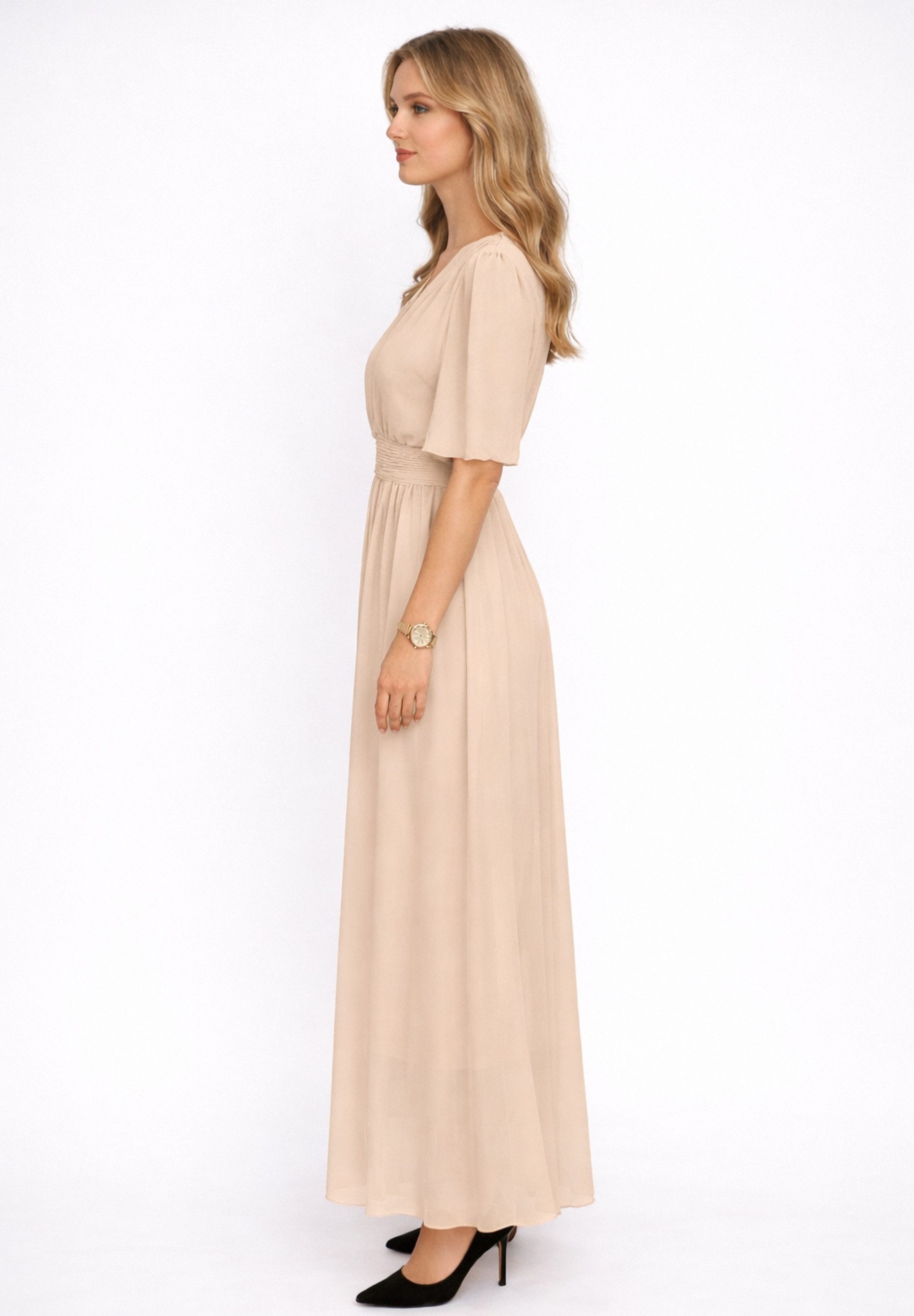 Elara Maxikleid Damen Maxikleid mit V-Ausschnitt, Flügelärmeln und gesmokter Taille (1-tlg)