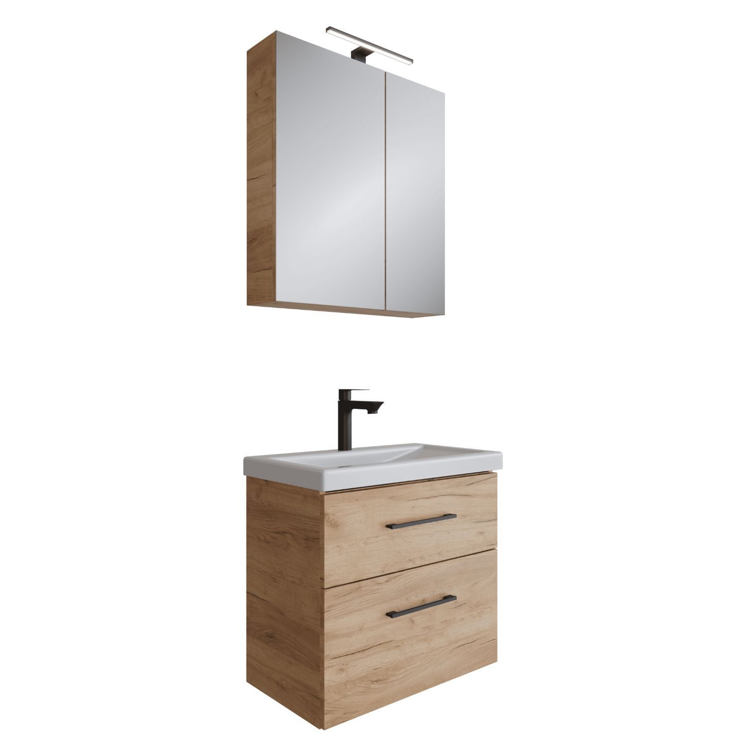 Planetmöbel Badmöbel-Set Badmöbel-Set mit Spiegelschrank 63cm, (Waschbeckenunterschrank, Spiegelschrank Bad mit Beleuchtung)