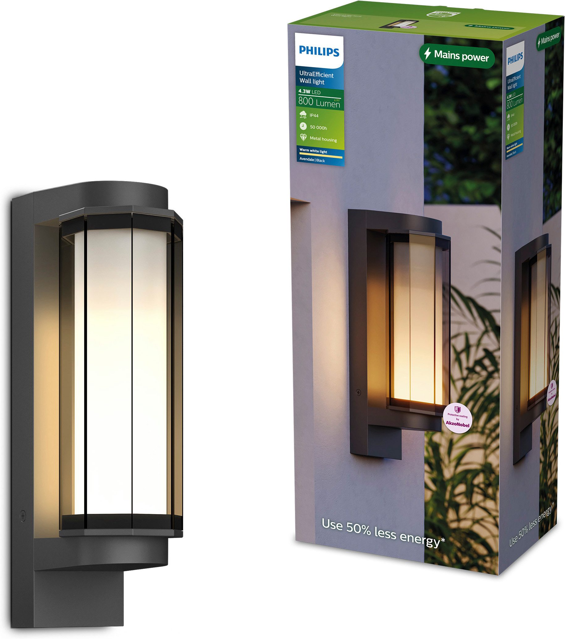 Philips Außen-Wandleuchte Avendale ultraeffiziente LED Außenwandleuchte, Schwarz, Ein-/Ausschalter, LED fest integriert, Warmweiß, 800 lm, 2700 K Warmweiß, IP44, PowerShield-Beschichtung