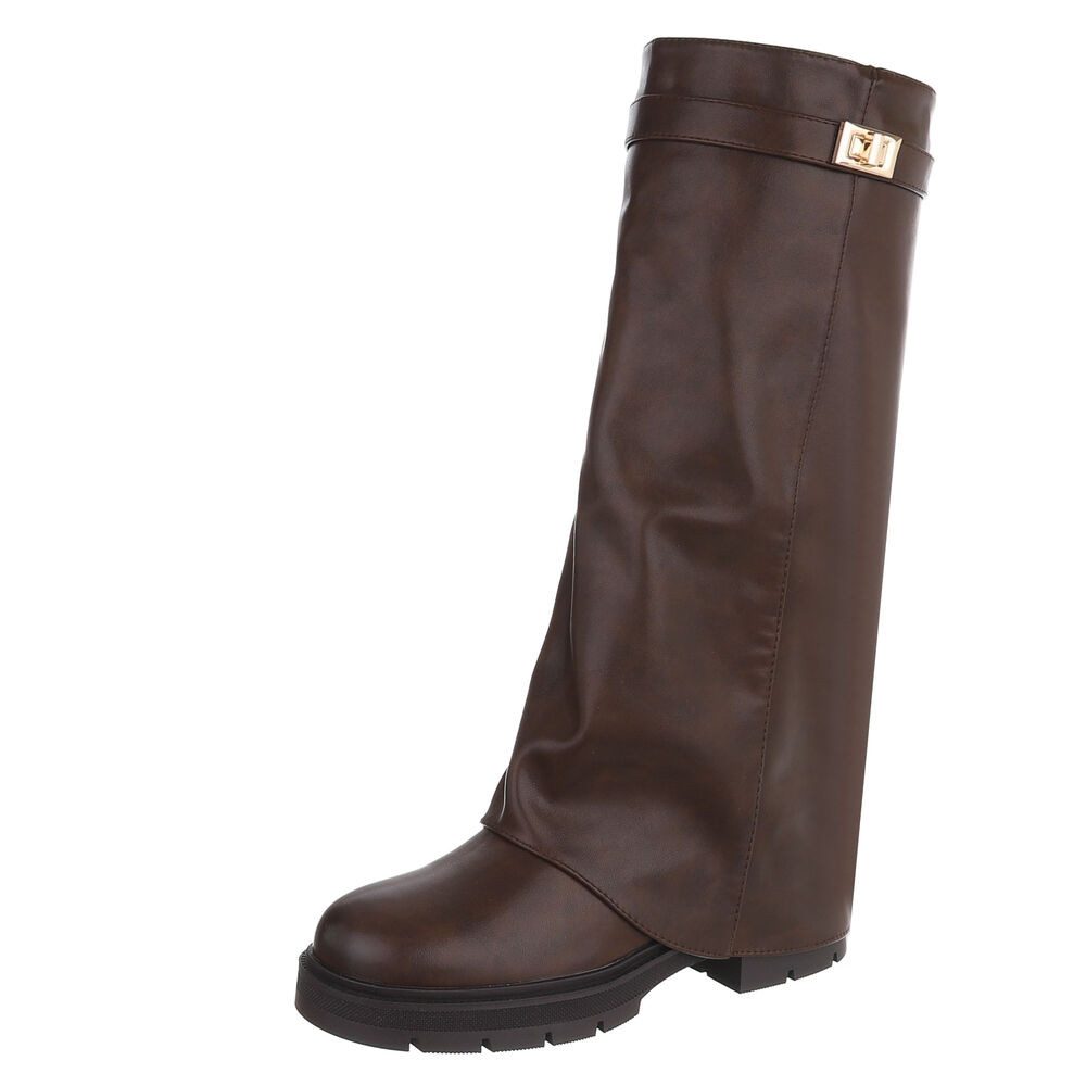 Damen Kniehoher Stiefel mit Profilsohle und Detail Plateaustiefel