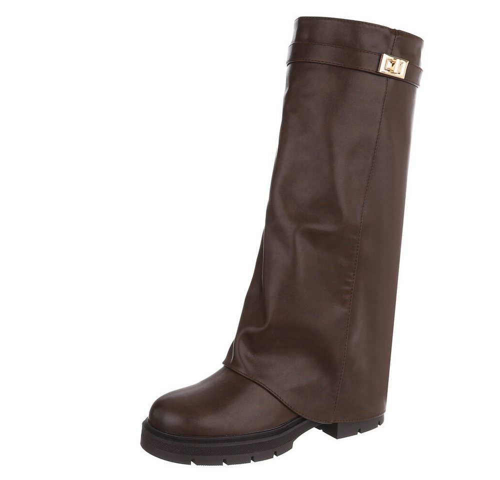 Ital-Design Damen Kniehoher Stiefel mit Profilsohle und Detail Plateaustiefel (91977443) Blockabsatz Stiefel in Braun