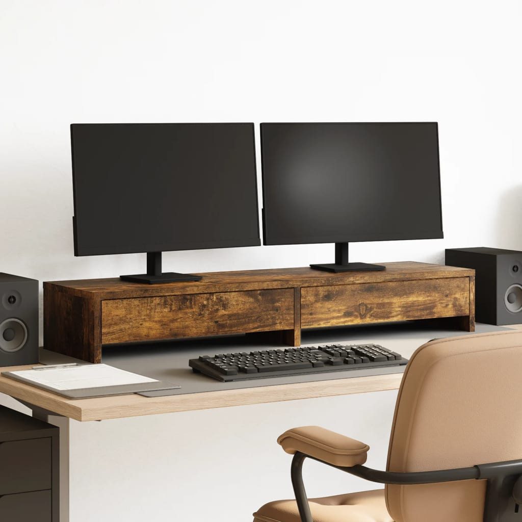 vidaXL Monitorständer Monitorständer mit Schubladen Räuchereiche 100x27x15 cm – Bild 2 von 5