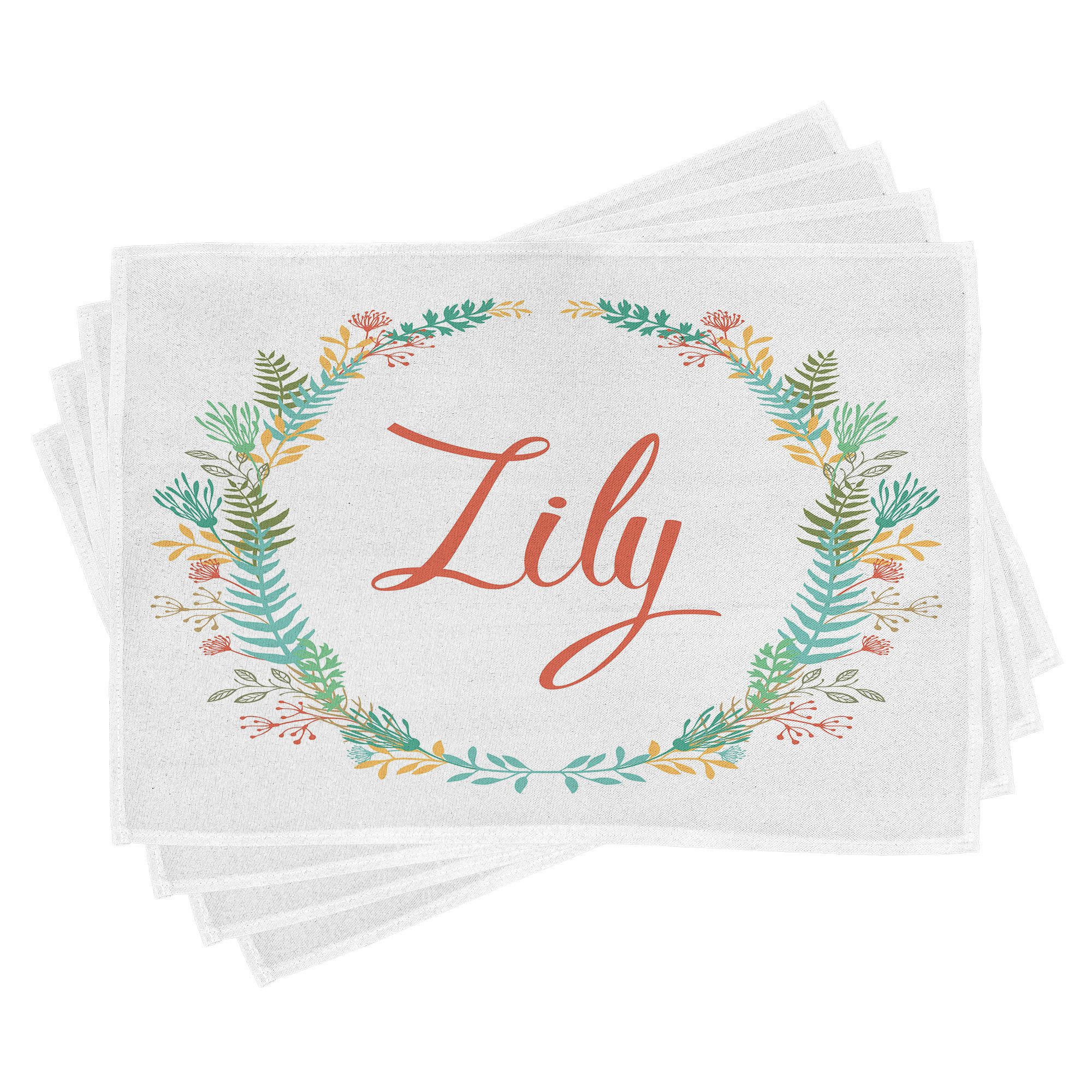 Abakuhaus Platzset Waschbare Stoff Esszimmer Küche Tischdekorations Digitaldruck, (4-teilig, 4-St., Set aus 4x), Lilie Feierliche Girl Name Klassik