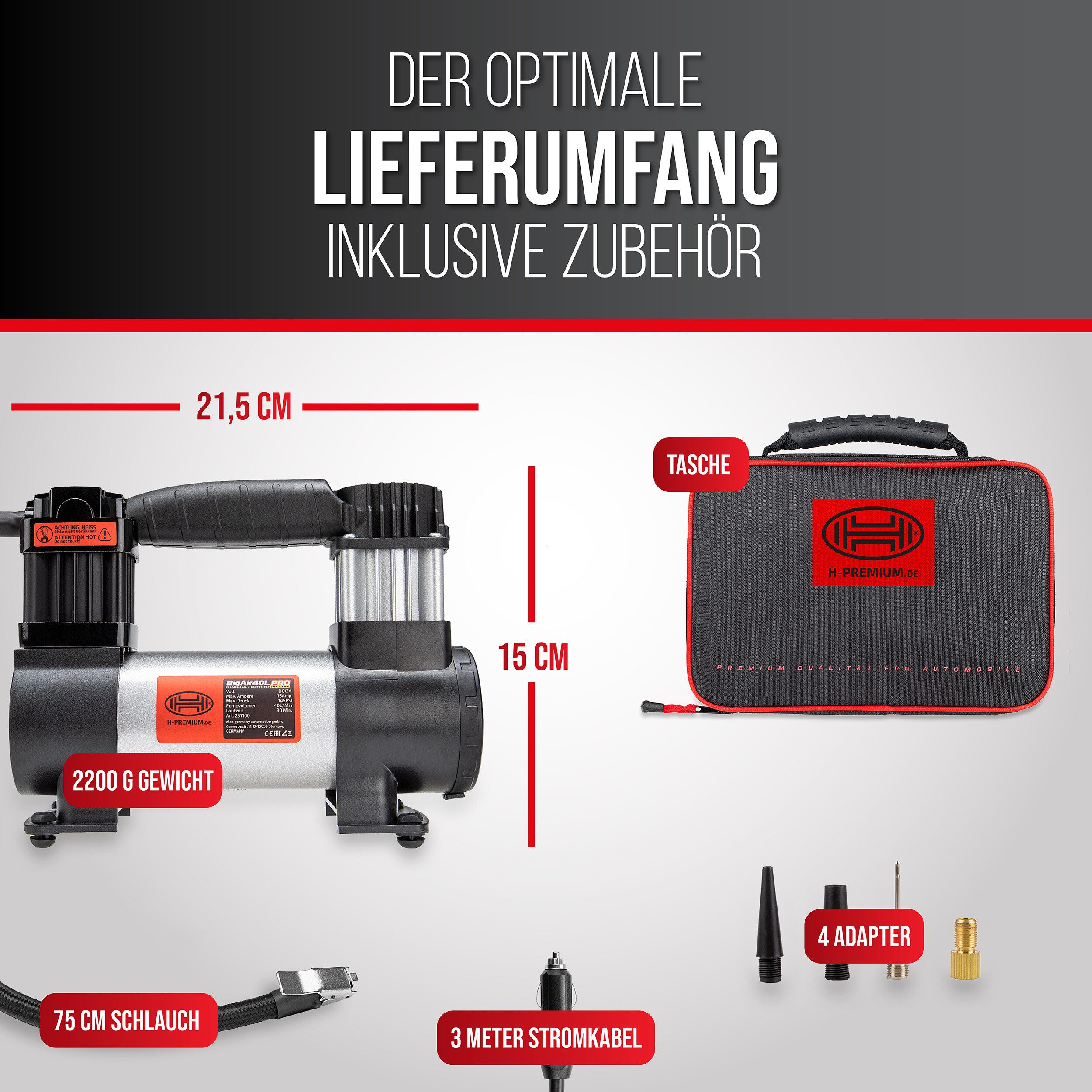 HEYNER Kompressor Auto Kompressor elektr. Luftpumpe minikompressor 10bar 12V LED, 144 W, max. 10 bar, 1-tlg.