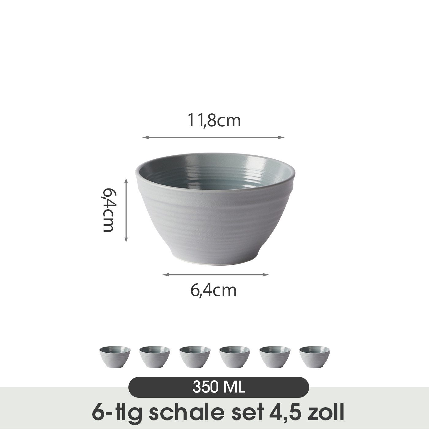 JIWOO Müslischale 6er Ø11,8cm, Frühstückschalen Eisschale Dessertschalen Schale, Keramik, (Schaleset, 6-tlg), Porzellan Hochwertiges Schalen Grau Mikrowellenofen Spülmaschine