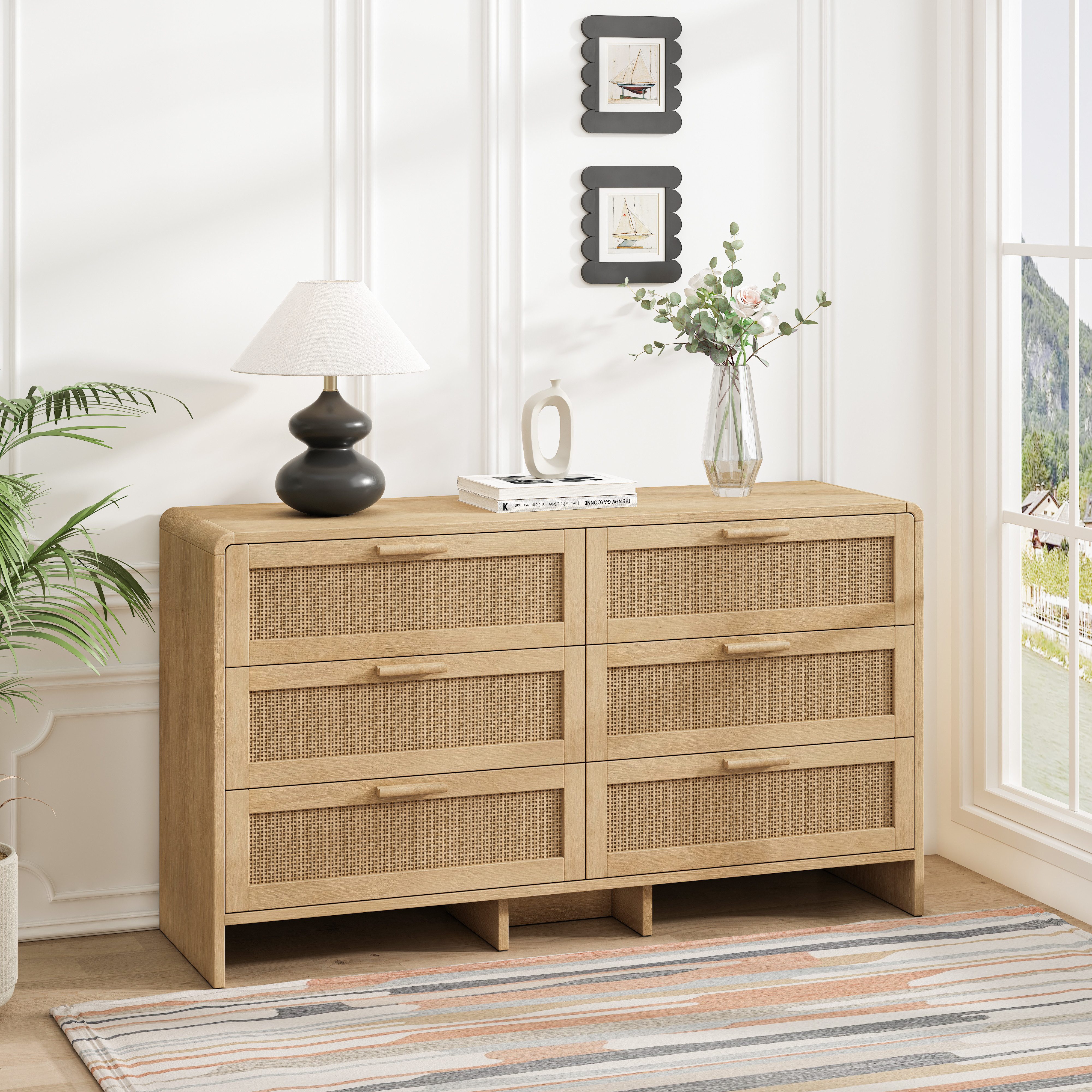 OKWISH Stauraumschrank Eckkommode Rattan 130cm 6 Schubladen Wohnzimmer Schlafzimmer (Rattan-Eckschrank mit 6 Schubladen – Robuste Bauweise, Arc-Form Design, Viel Stauraum für Wohnzimmer, Schlafzimmer & Küche, Natürlicher Rattan-Look für modernes Zuhause, 130 cm)