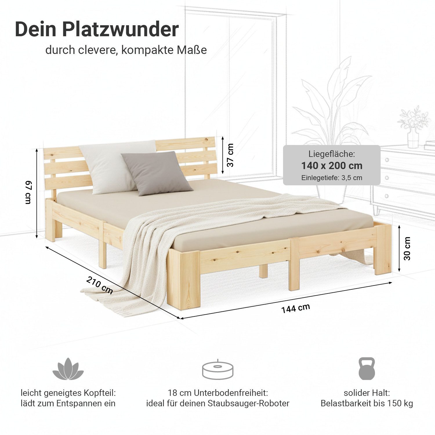 Homestyle4u Massivholzbett 90x200 120x200 140x200 160x200 180x200 Doppelbett Kopfteil Lattenrost (Set, mit Lattenrost, Braun), 180x200, modern, stabil