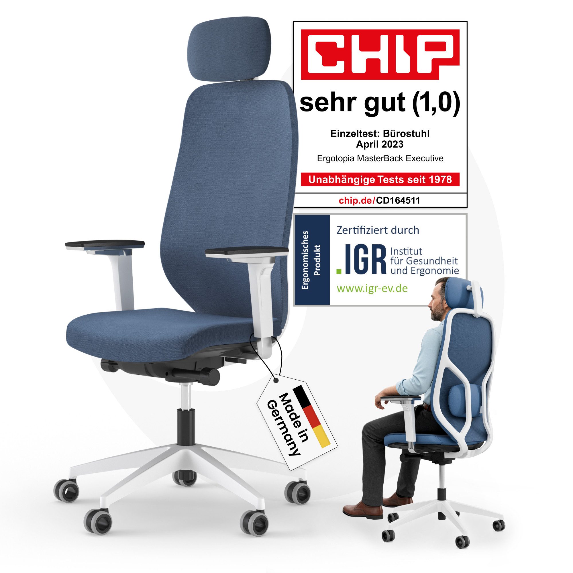 Ergotopia Bürostuhl MasterBack ergonomischer Schreibtischstuhl mit Kopfstütze (bereits montiert)
