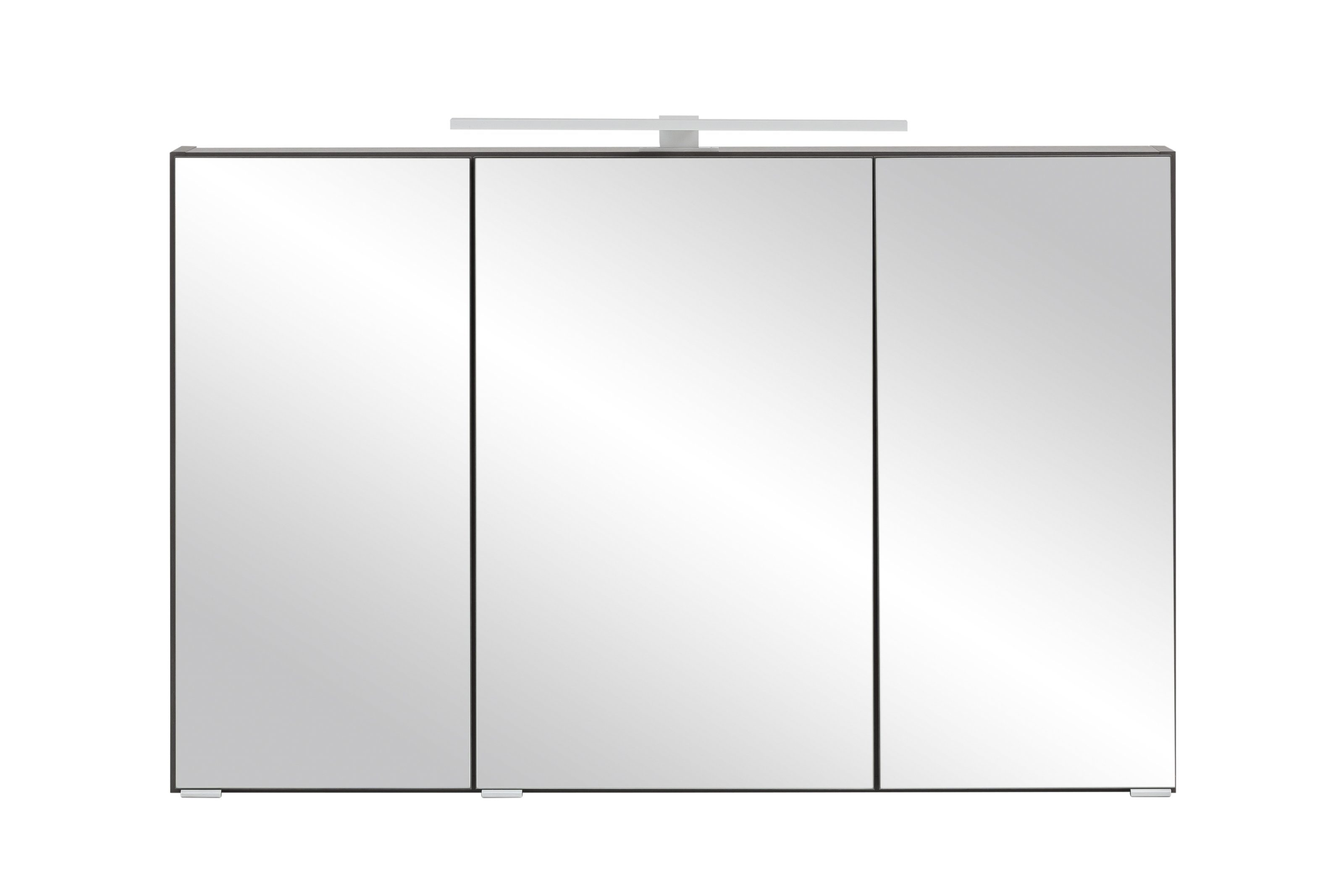 möbelando Badezimmerspiegelschrank Villach aus Spanplatte in matt grau mit 3 Türen und 6 Einlegeböden. Abmessungen (B/H/T) 100x64x20 cm