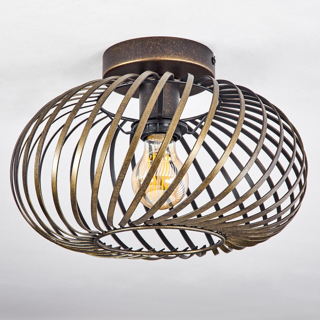 Vintage-Design Deckenleuchte Metall Deckenlampe E27, »Aidone« runde Lichteffekt, Goldfarben-antik/Schwarz, aus Leuchte in mit Gitter-Optik Leuchtmittel, im hofstein Ø30cm, ohne