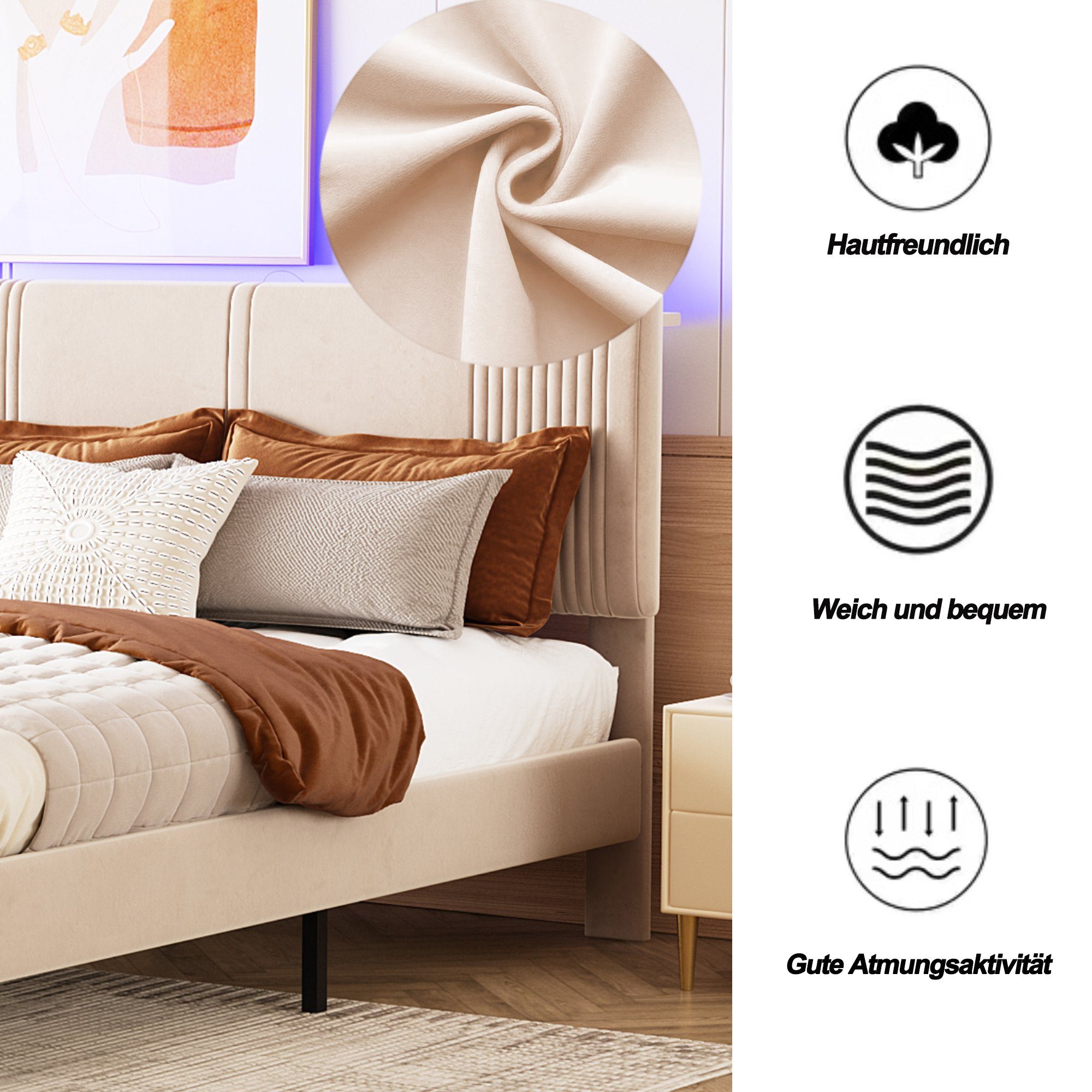 REDOM Polsterbett mit Lichtleiste und USB-Buchse,Doppelbett günstig online kaufen