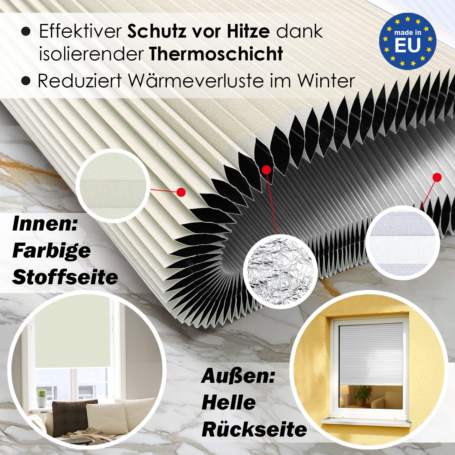 DomDeco Wabenplissee Thermo Plissee ohne Bohren - Hitzeschutz, Verdunkelung, verspannt, abdunkelnd, Klemmfix, stufenlos, kälteschutz, modernes Fensterplissee – Bild 2 von 5